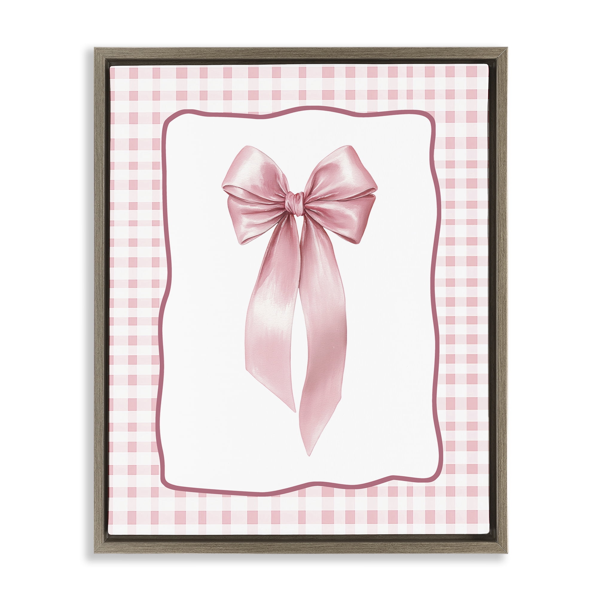 Stupell Industries Pink Gingham Ribbon Brown Framed Floater Canvas Wall Art, design by Christine Simpson Art