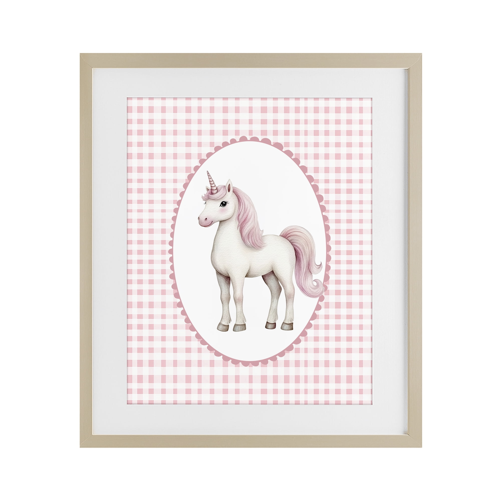 Stupell Industries Pink Gingham Unicorn Birch Framed Print Under Glass, design by Christine Simpson Art