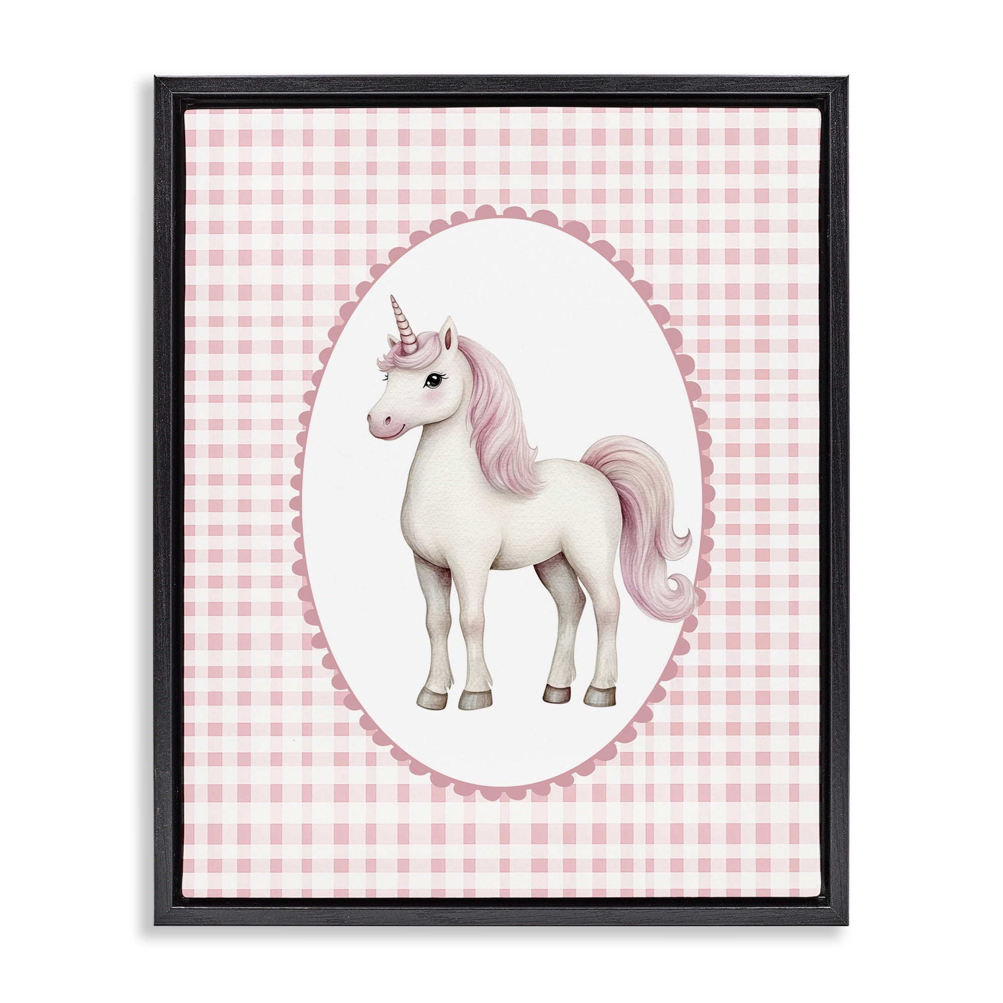 Stupell Industries Pink Gingham Unicorn Black Framed Floater Canvas Wall Art, design by Christine Simpson Art