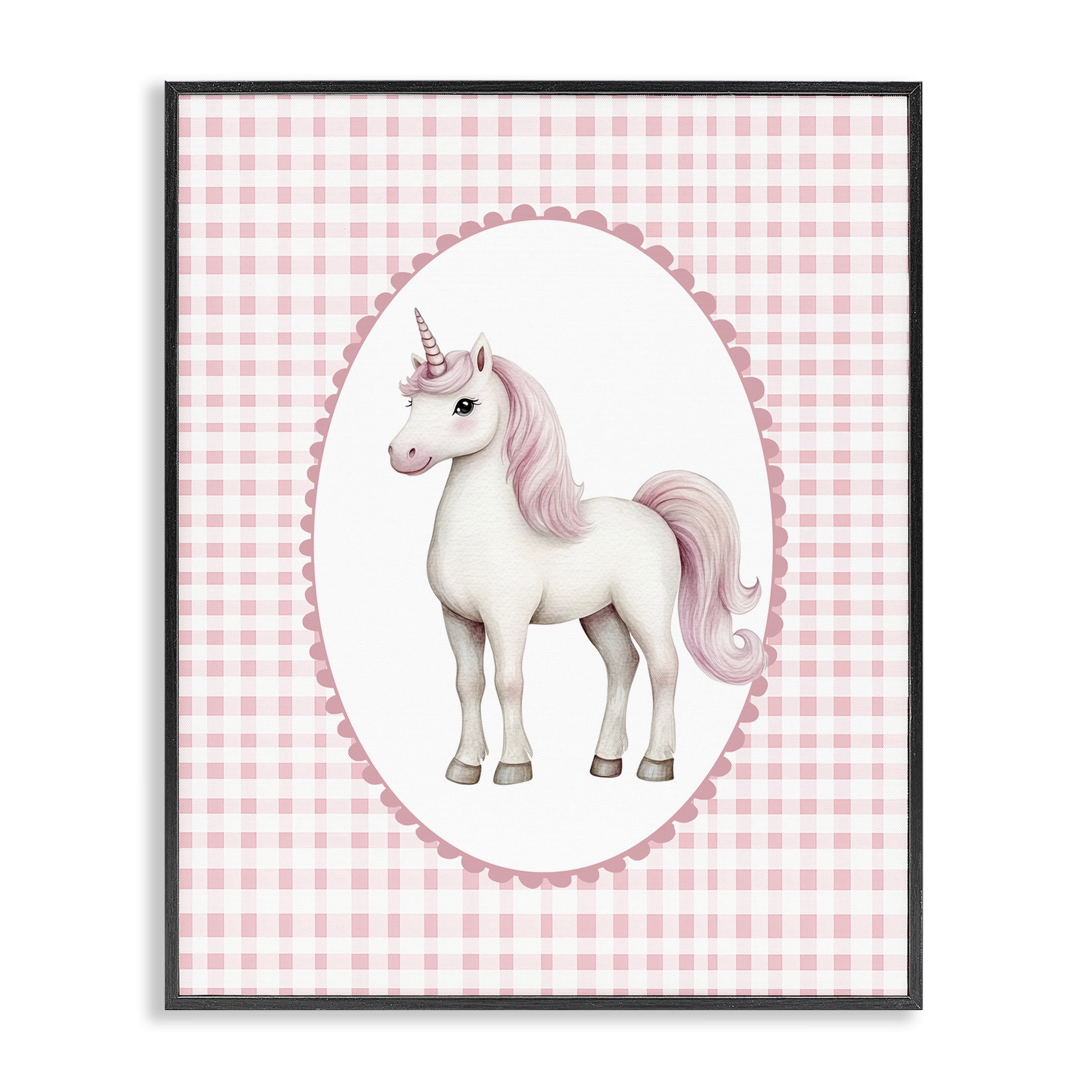 Stupell Industries Pink Gingham Unicorn Black Framed Giclee Art, design by Christine Simpson Art