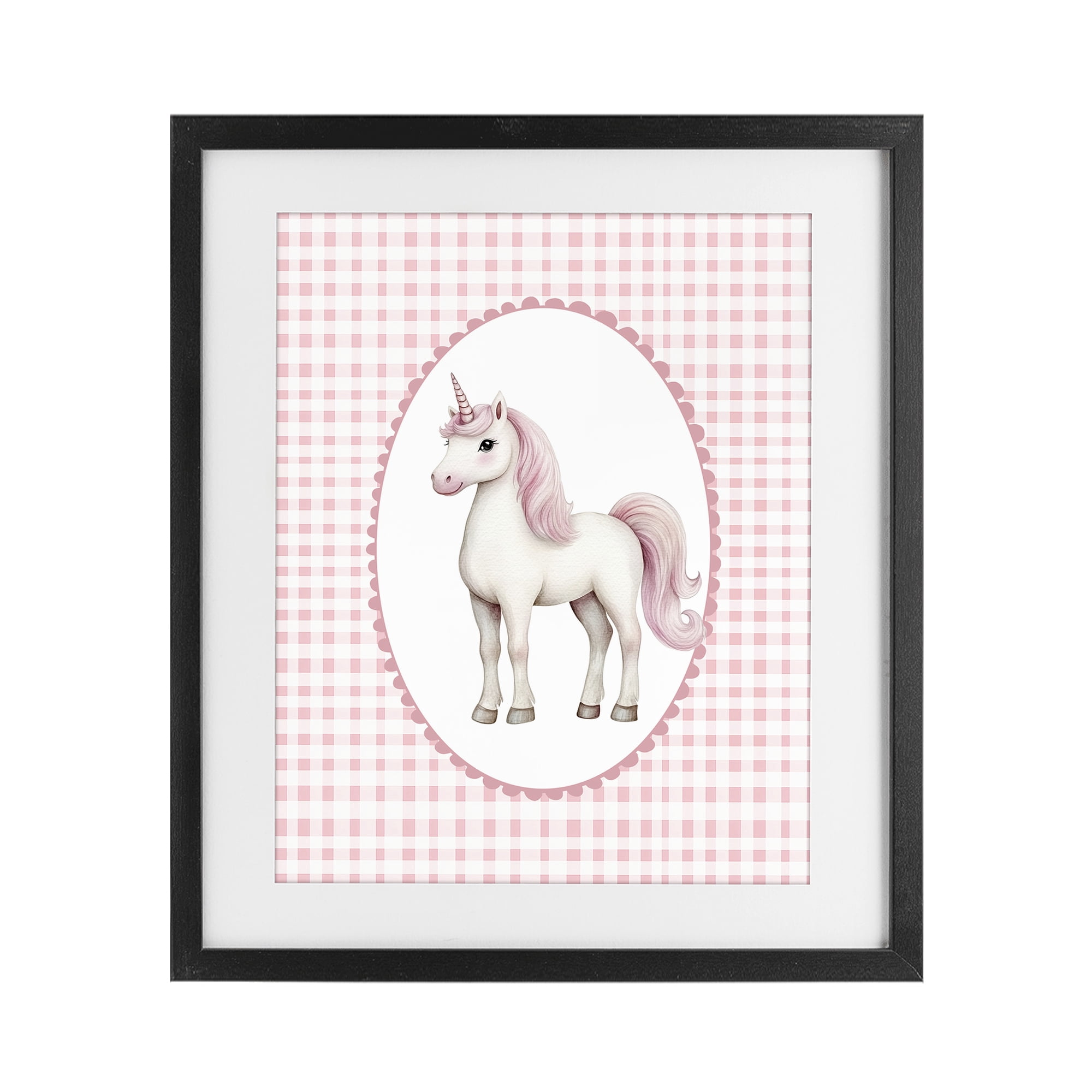 Stupell Industries Pink Gingham Unicorn Black Framed Print Under Glass, design by Christine Simpson Art