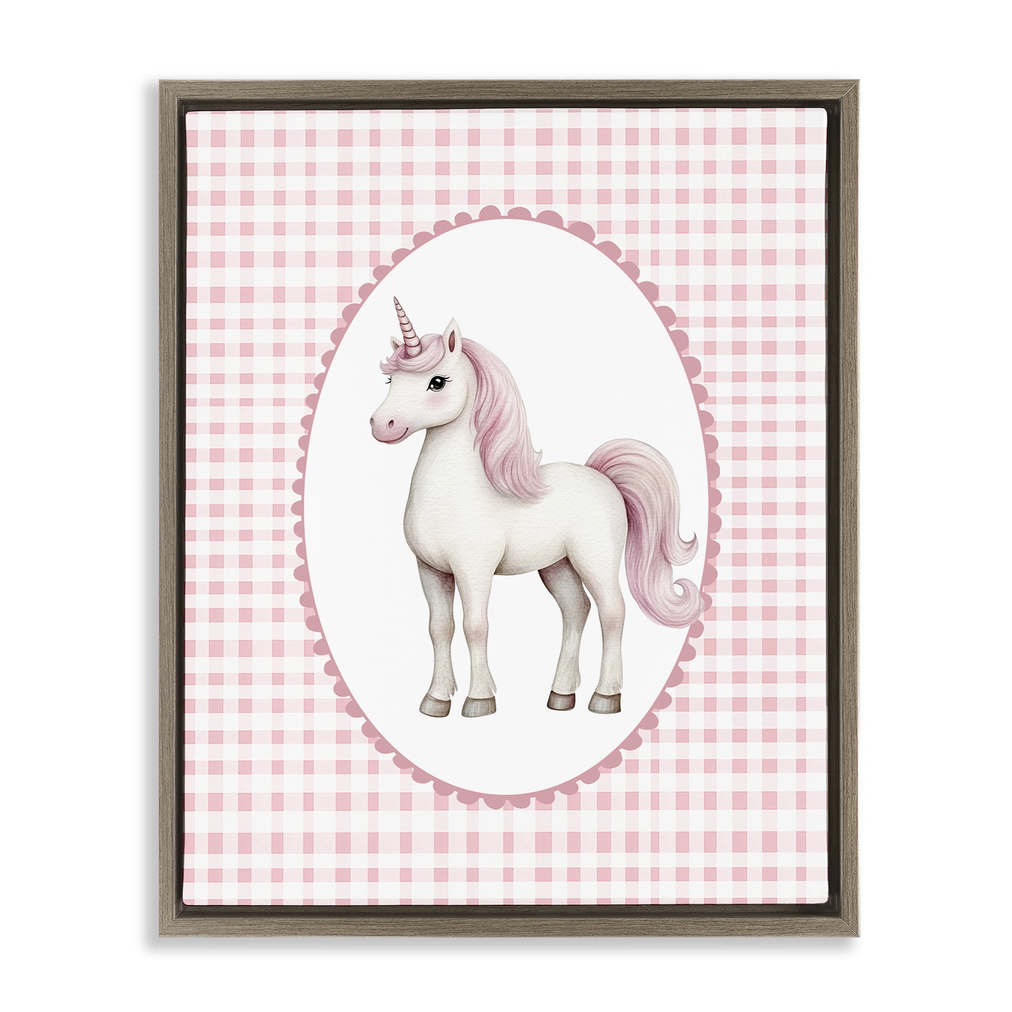 Stupell Industries Pink Gingham Unicorn Brown Framed Floater Canvas Wall Art, design by Christine Simpson Art