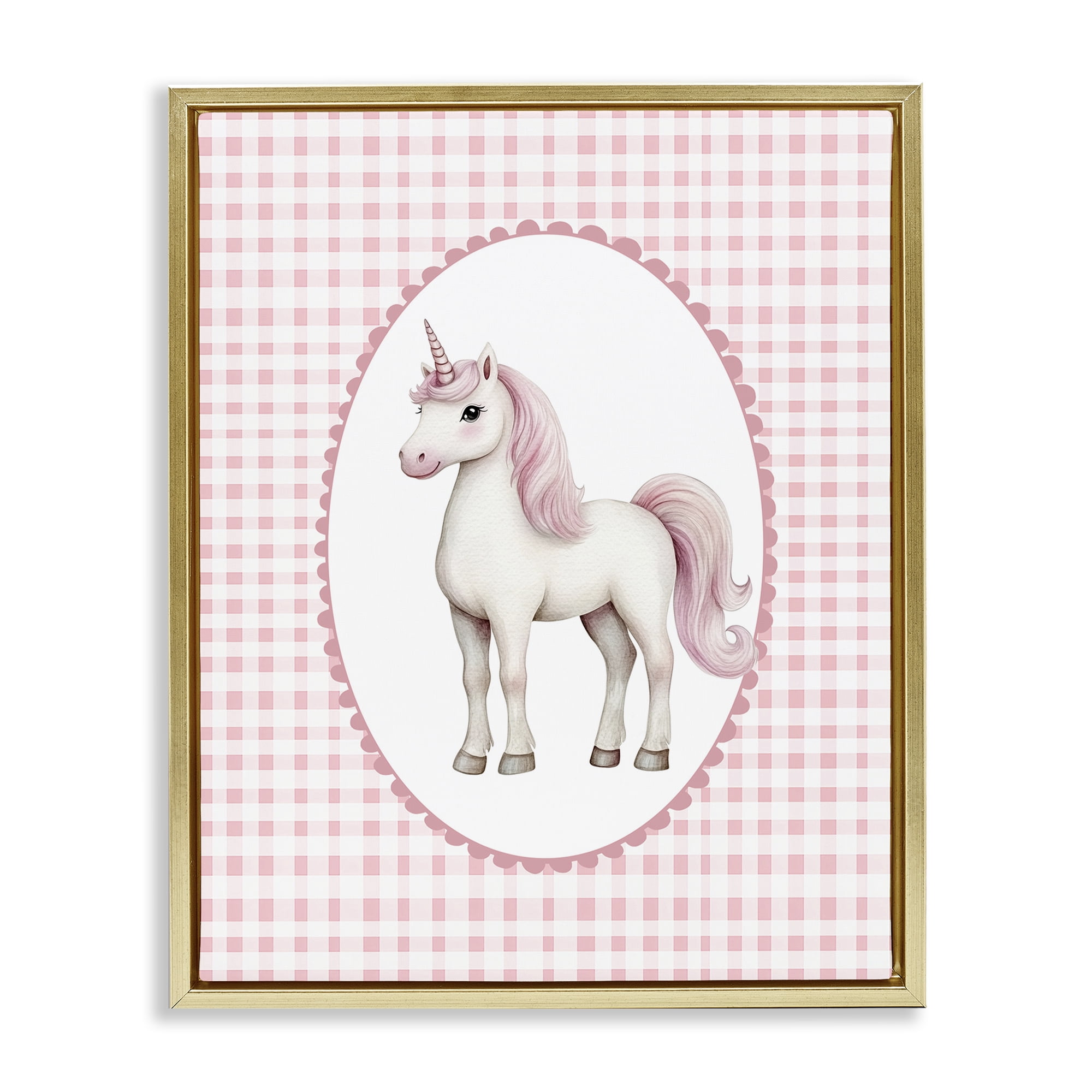 Stupell Industries Pink Gingham Unicorn Gold Framed Floater Canvas Wall Art, design by Christine Simpson Art