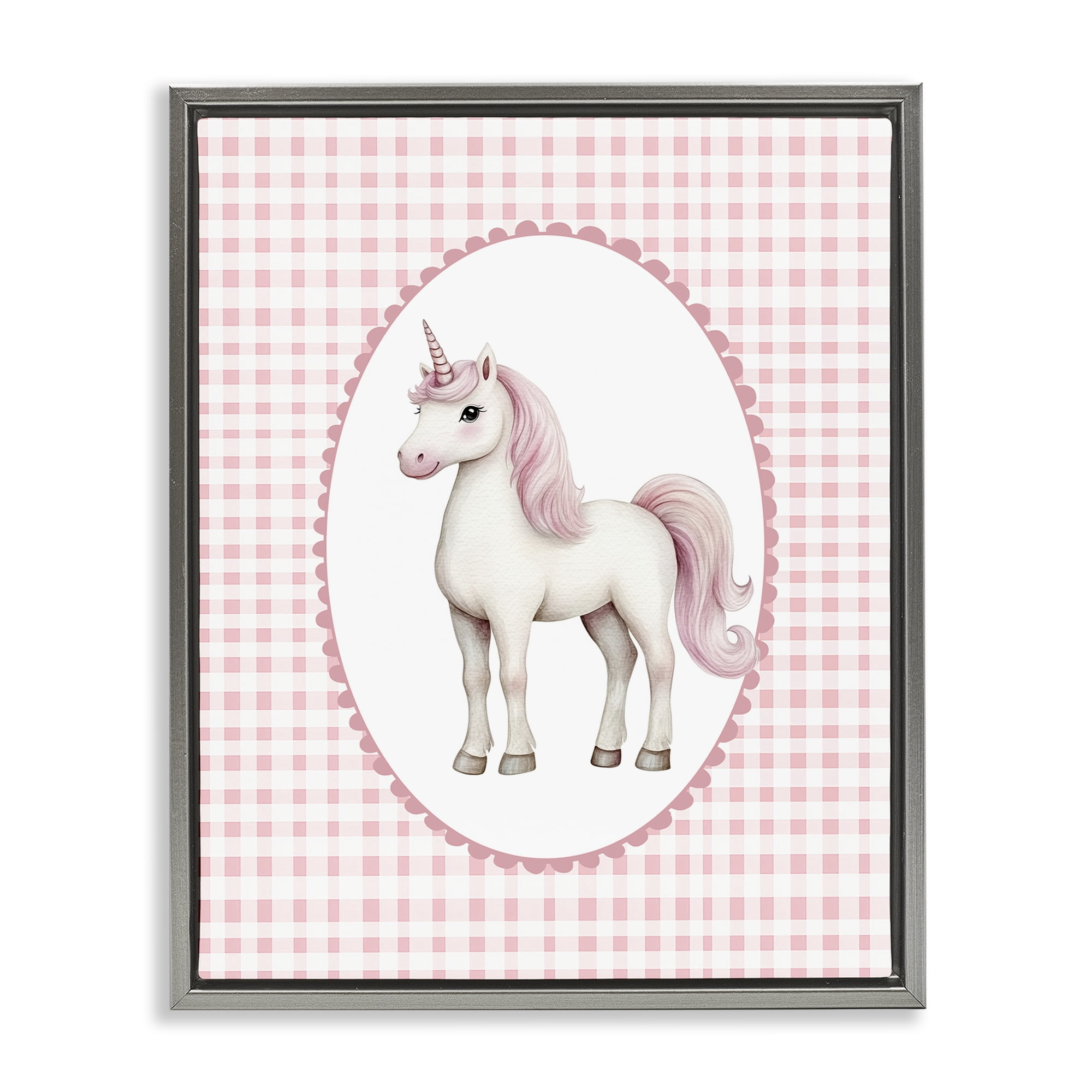 Stupell Industries Pink Gingham Unicorn Gray Framed Floater Canvas Wall Art, design by Christine Simpson Art