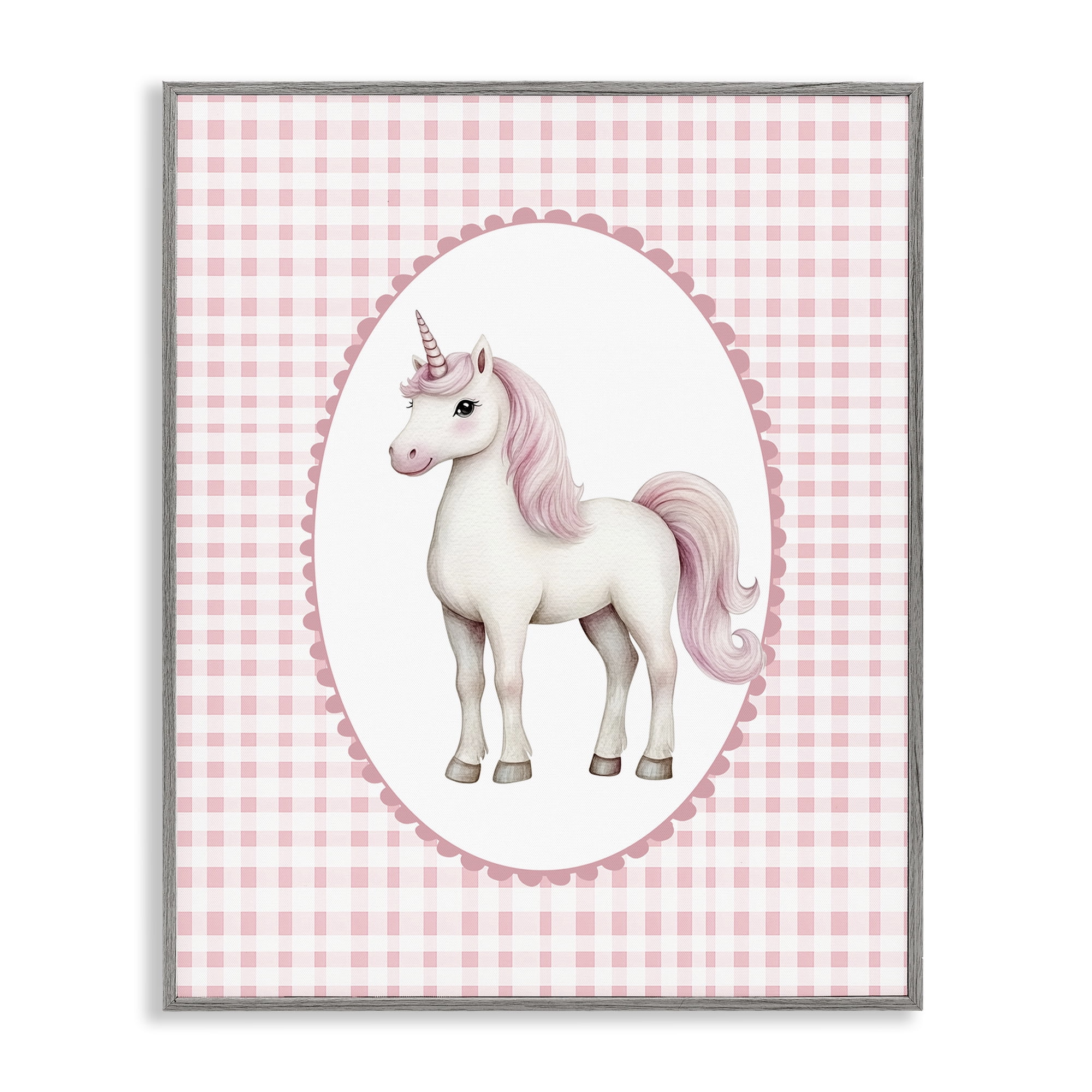 Stupell Industries Pink Gingham Unicorn Gray Framed Giclee Art, design by Christine Simpson Art