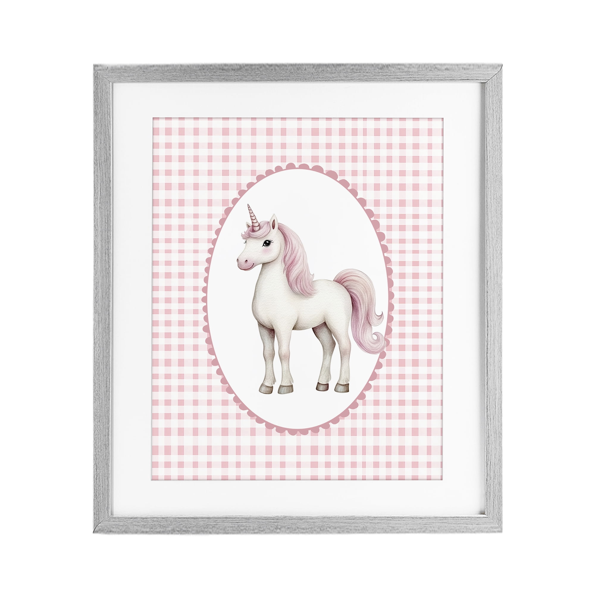 Stupell Industries Pink Gingham Unicorn Gray Framed Print Under Glass, design by Christine Simpson Art
