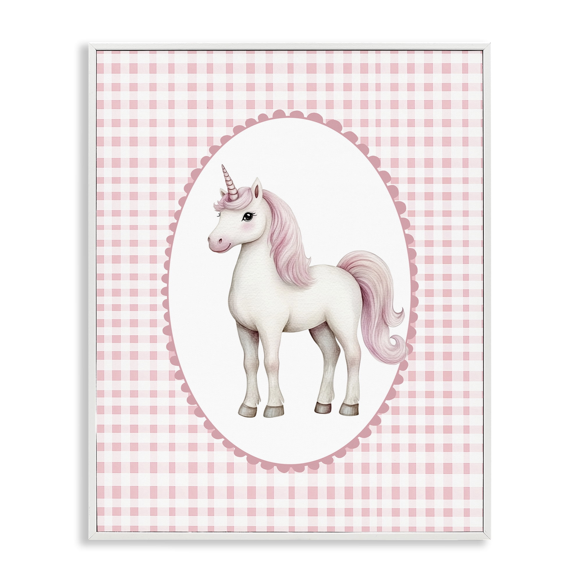 Stupell Industries Pink Gingham Unicorn White Framed Giclee Art, design by Christine Simpson Art