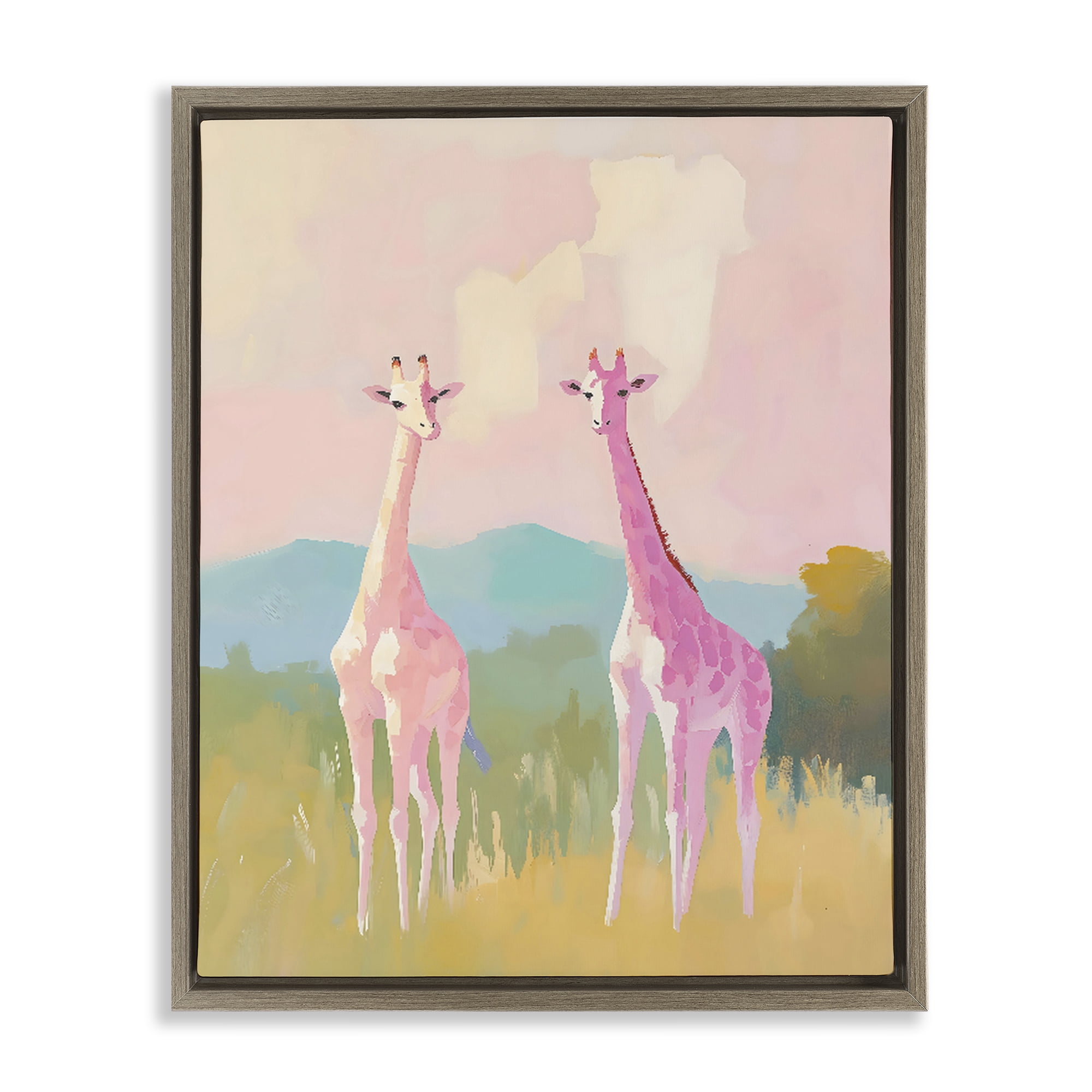 Stupell Industries Pink Giraffes on Savanna Brown Framed Floater Canvas Wall Art, design by The Prints Vibe