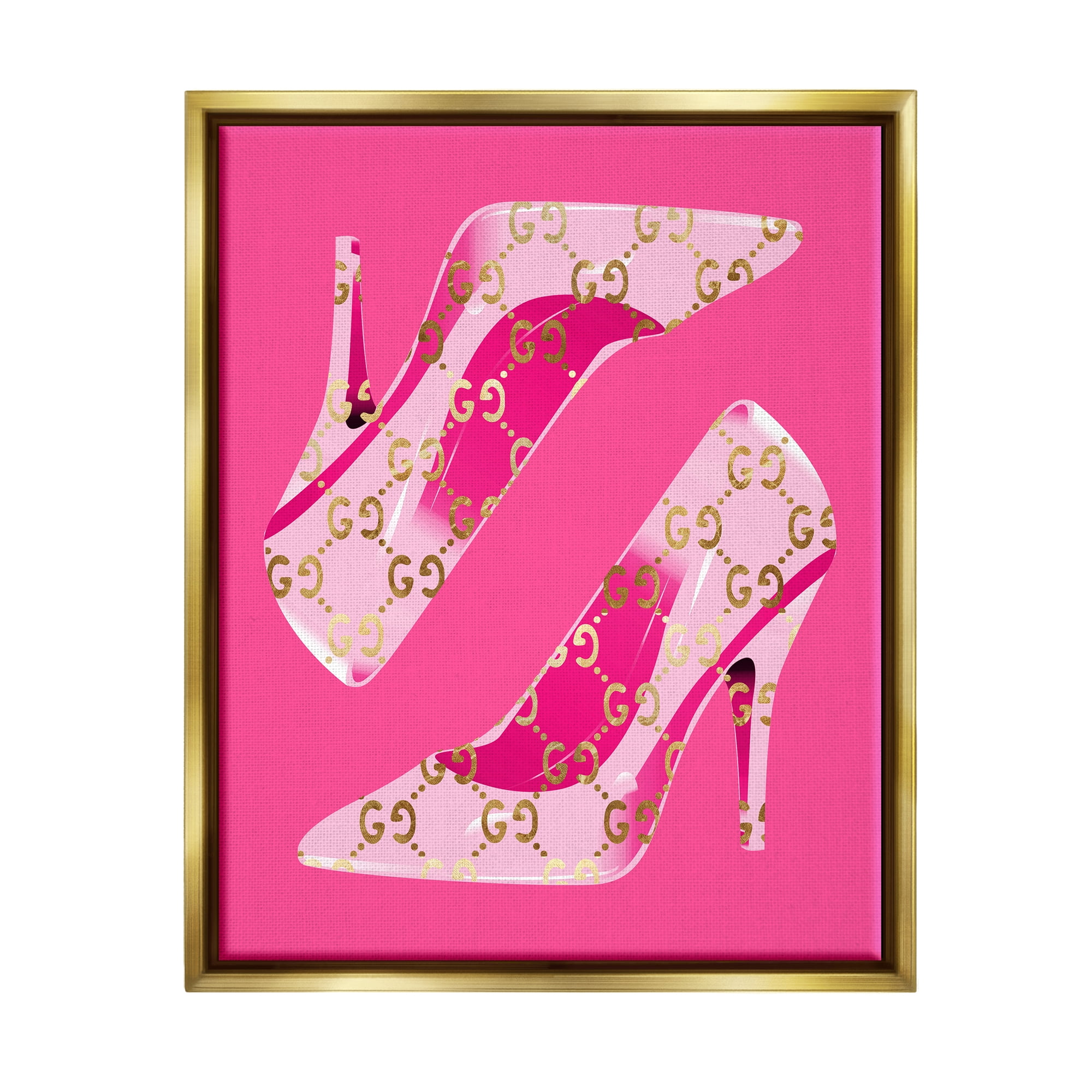 Stupell Industries Pink Glam Brand Shoes Beauty & Fashion Painting Gold Floater Framed Canvas Art Print Wall Art, 17 x 21