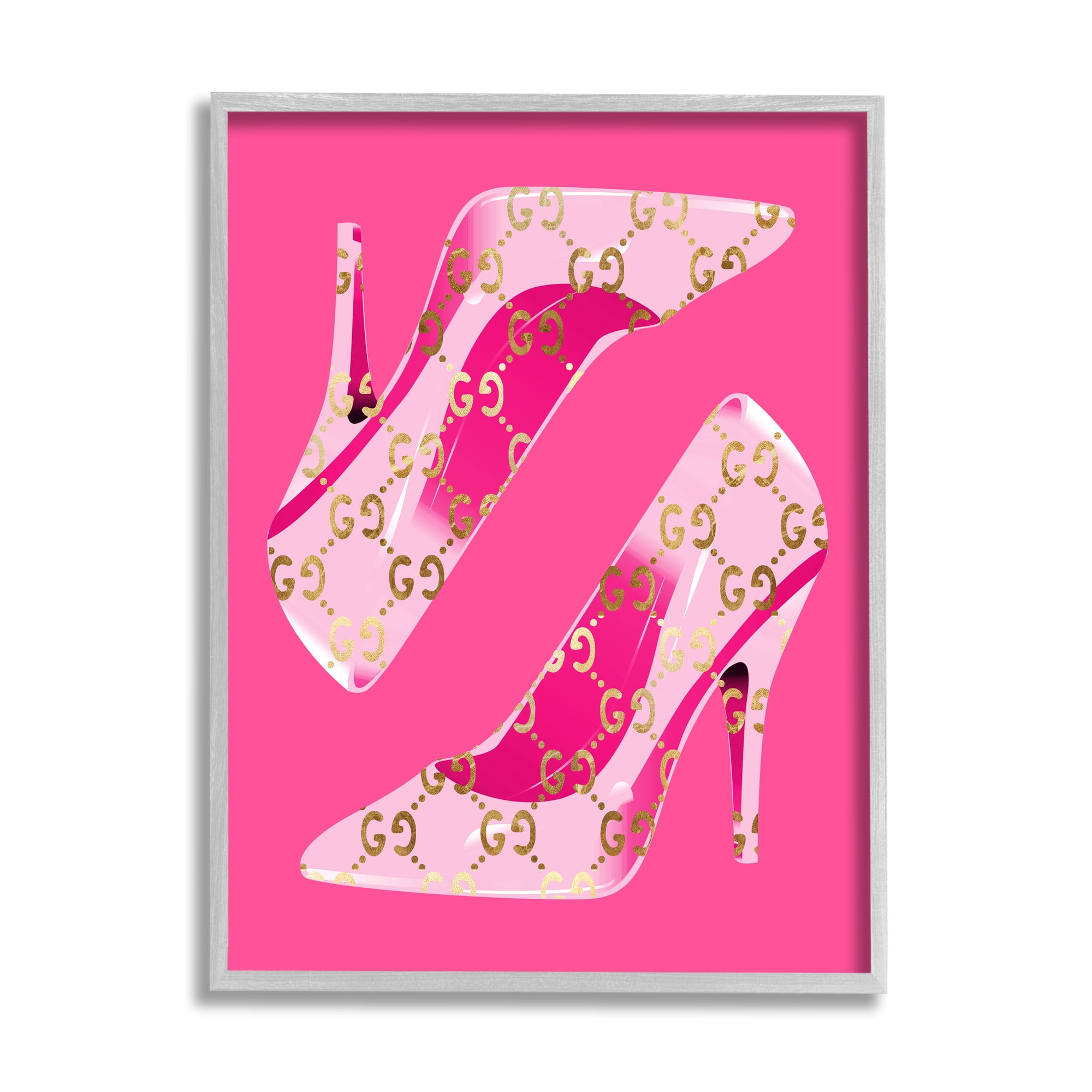 Stupell Industries Pink Glam Brand Shoes Beauty & Fashion Painting Gray Framed Art Print Wall Art, 16 x 20