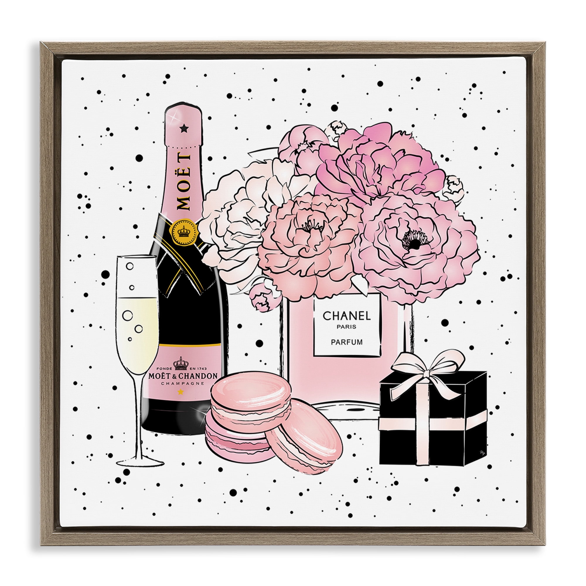Stupell Industries Pink Glam Celebration Champagne Beauty & Fashion Painting Brown Floater Framed Canvas Art Print Wall Art, 25 x 25