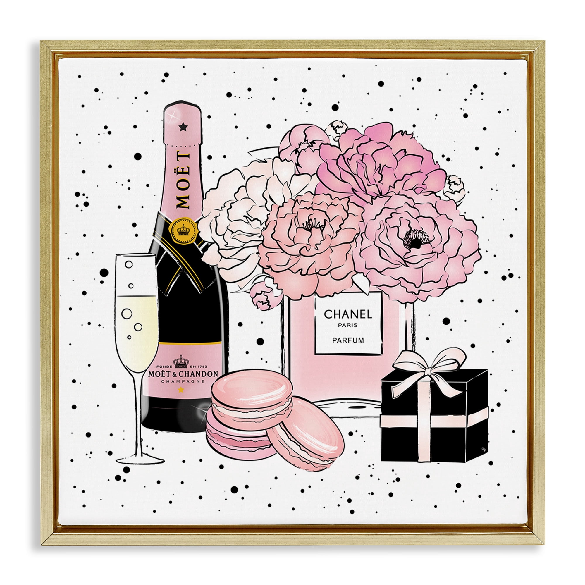 Stupell Industries Pink Glam Celebration Champagne Beauty & Fashion Painting Gold Floater Framed Canvas Art Print Wall Art, 25 x 25