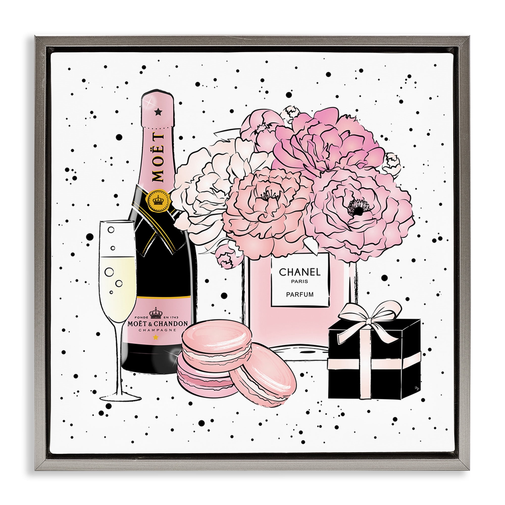 Stupell Industries Pink Glam Celebration Champagne Beauty & Fashion Painting Gray Floater Framed Canvas Art Print Wall Art, 25 x 25