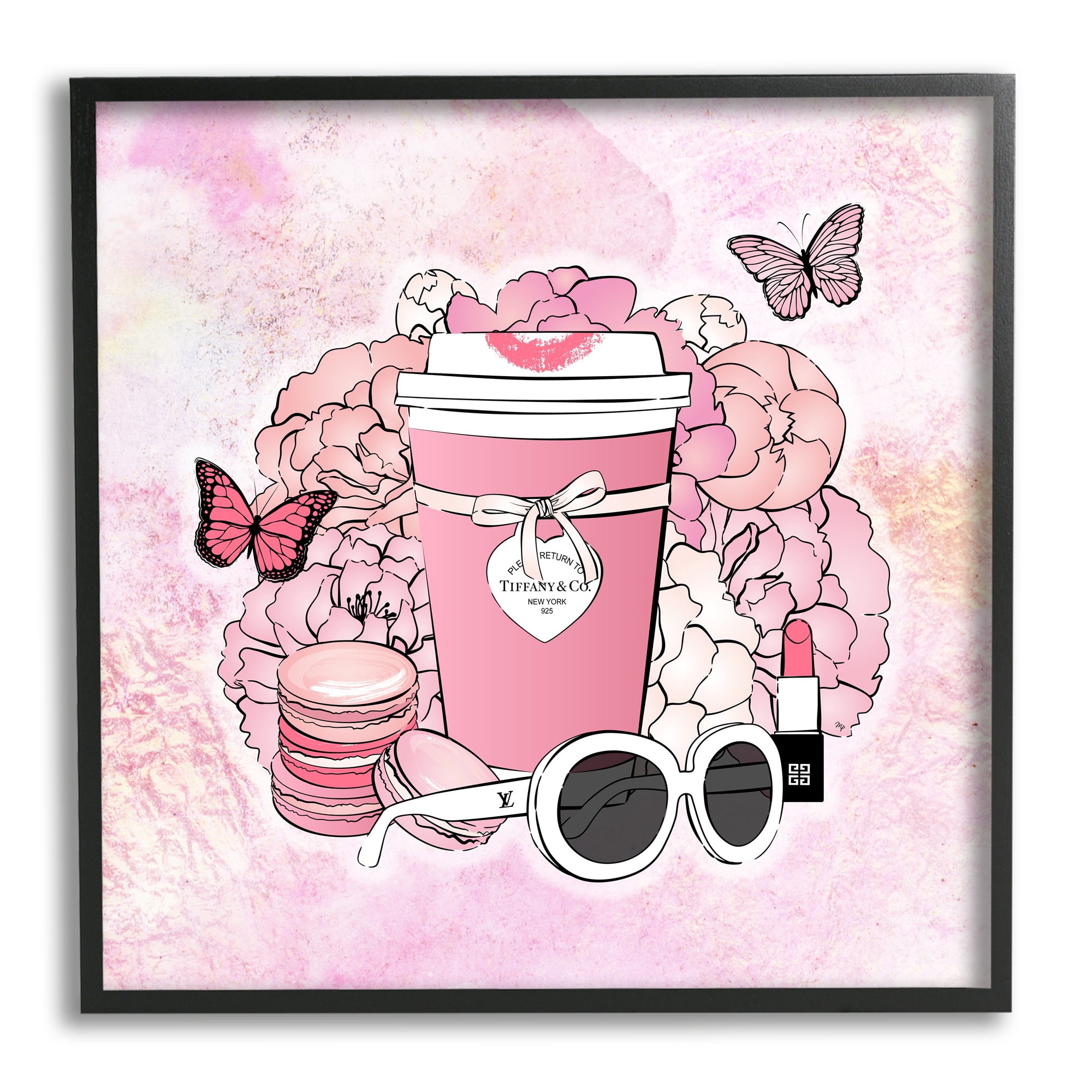 Stupell Industries Pink Glam Coffee & Accessories Botanical & Floral Painting Black Framed Art Print Wall Art, 17 x 17