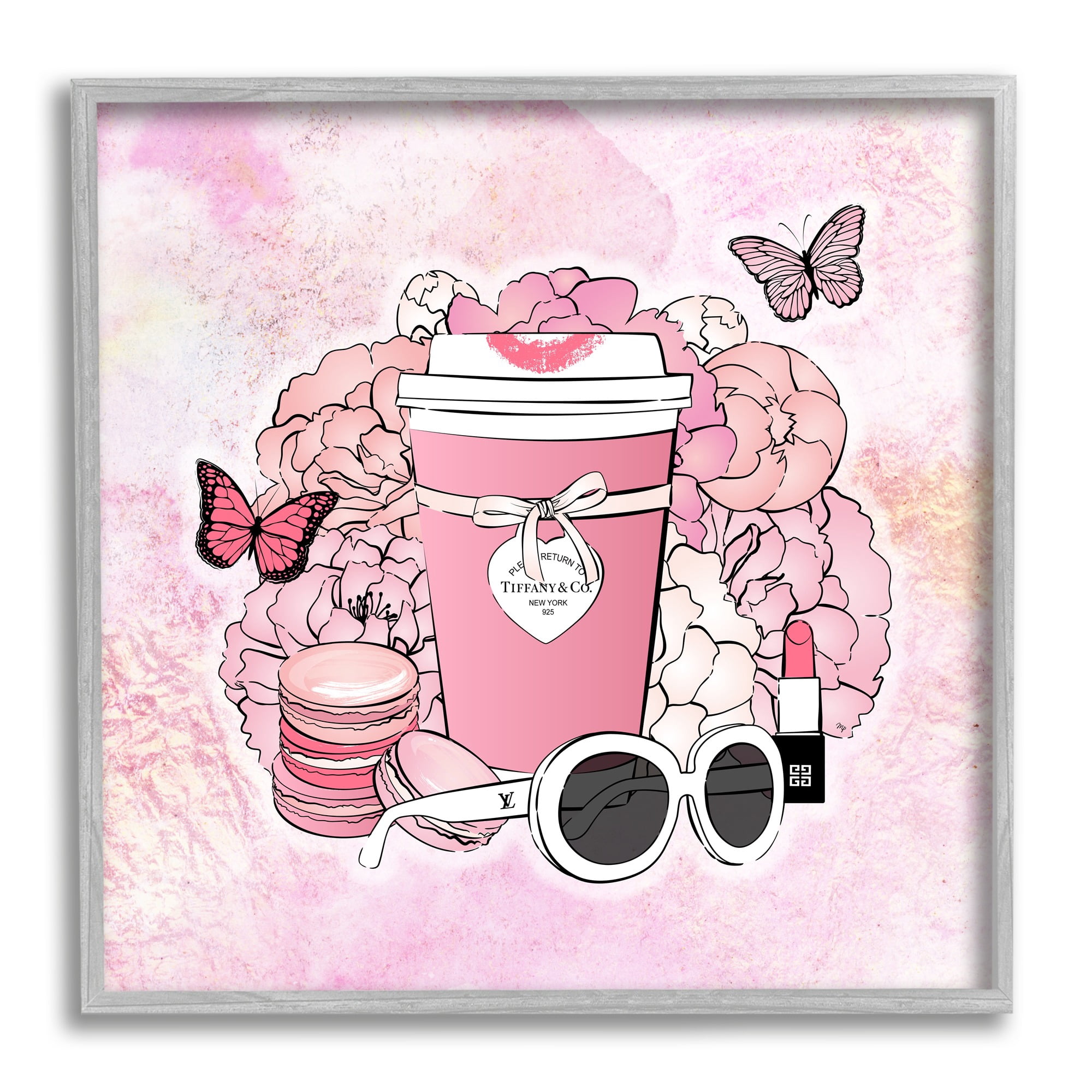 Stupell Industries Pink Glam Coffee & Accessories Botanical & Floral Painting Gray Framed Art Print Wall Art, 24 x 24
