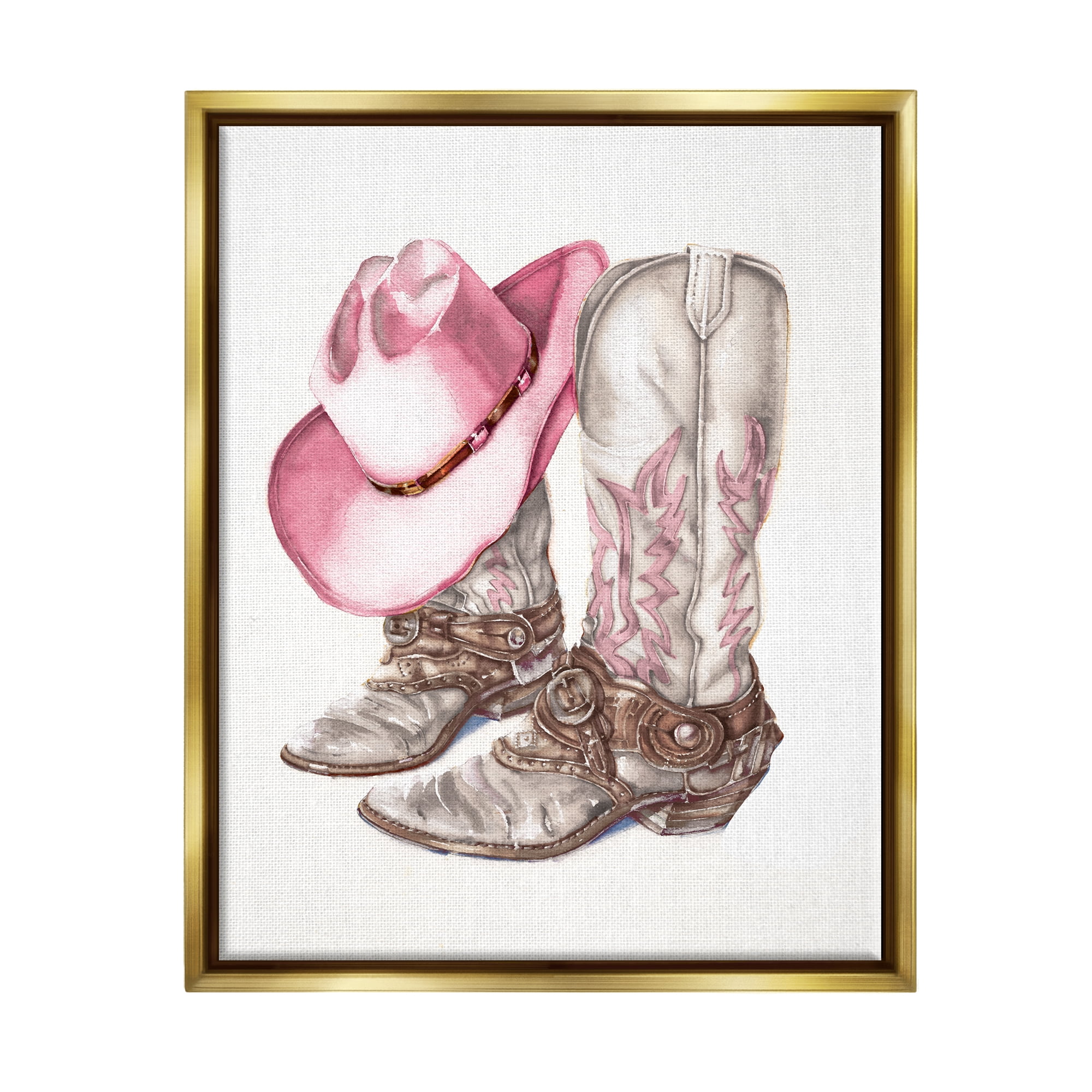 Stupell Industries Pink Glam Cowgirl Boots Beauty & Fashion Painting Gold Floater Framed Canvas Art Print Wall Art, 17 x 21