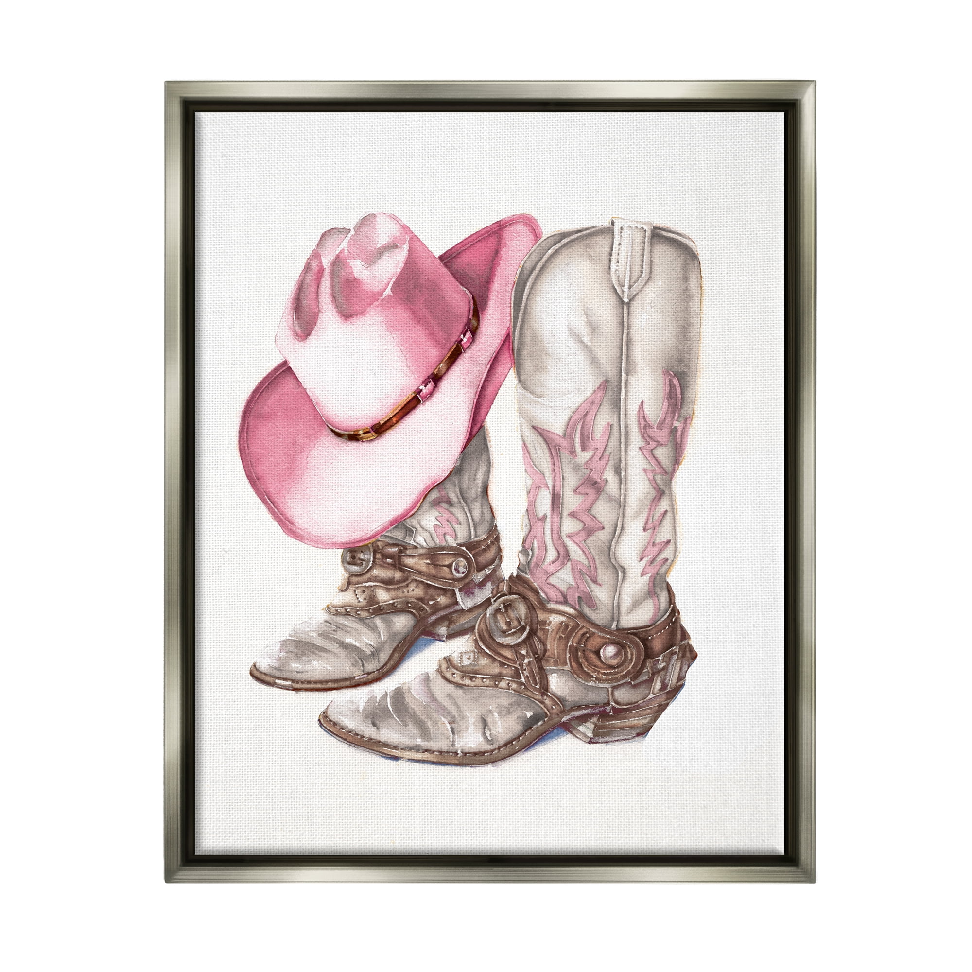 Stupell Industries Pink Glam Cowgirl Boots Beauty & Fashion Painting Gray Floater Framed Canvas Art Print Wall Art, 25 x 31