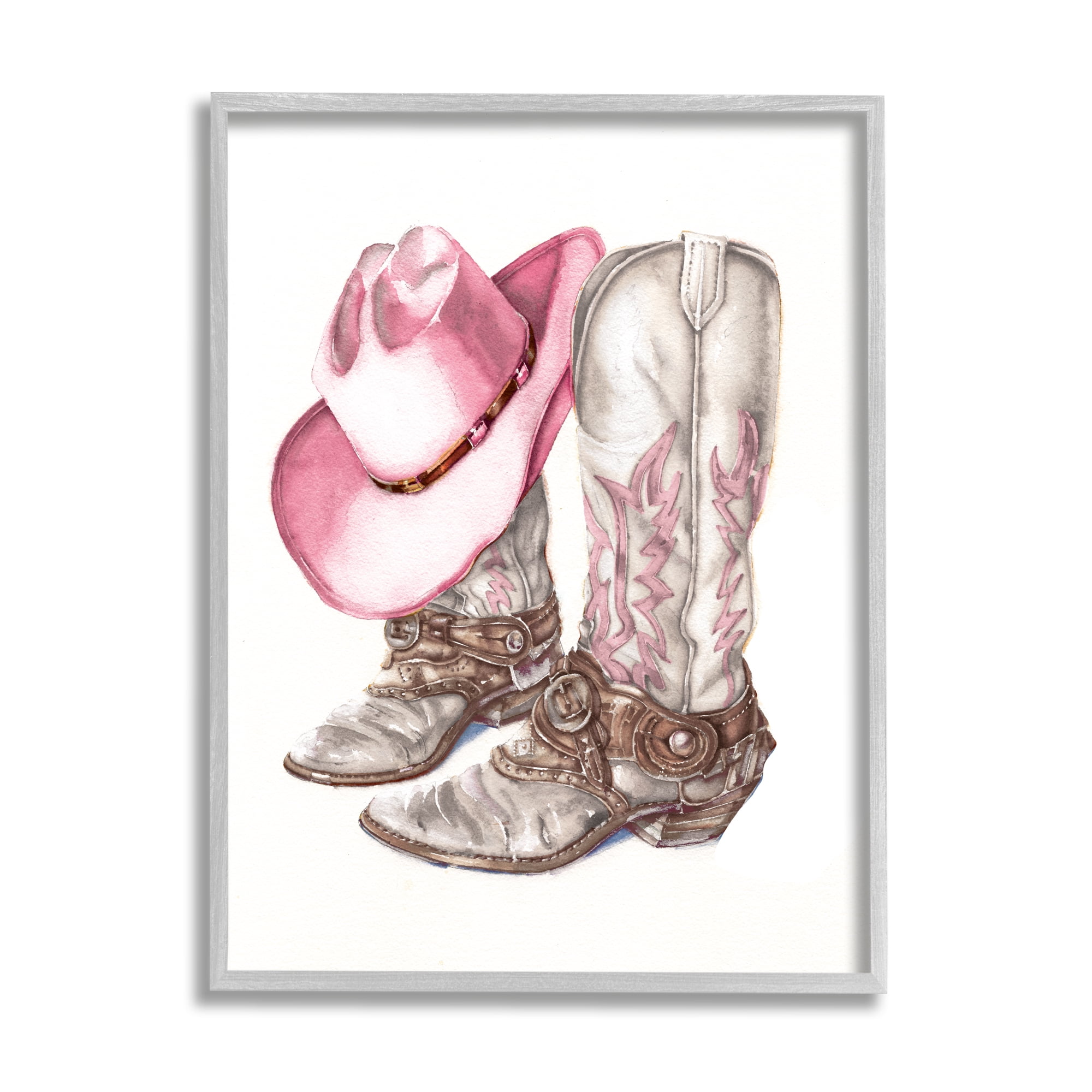 Stupell Industries Pink Glam Cowgirl Boots Beauty & Fashion Painting Gray Framed Art Print Wall Art, 11 x 14