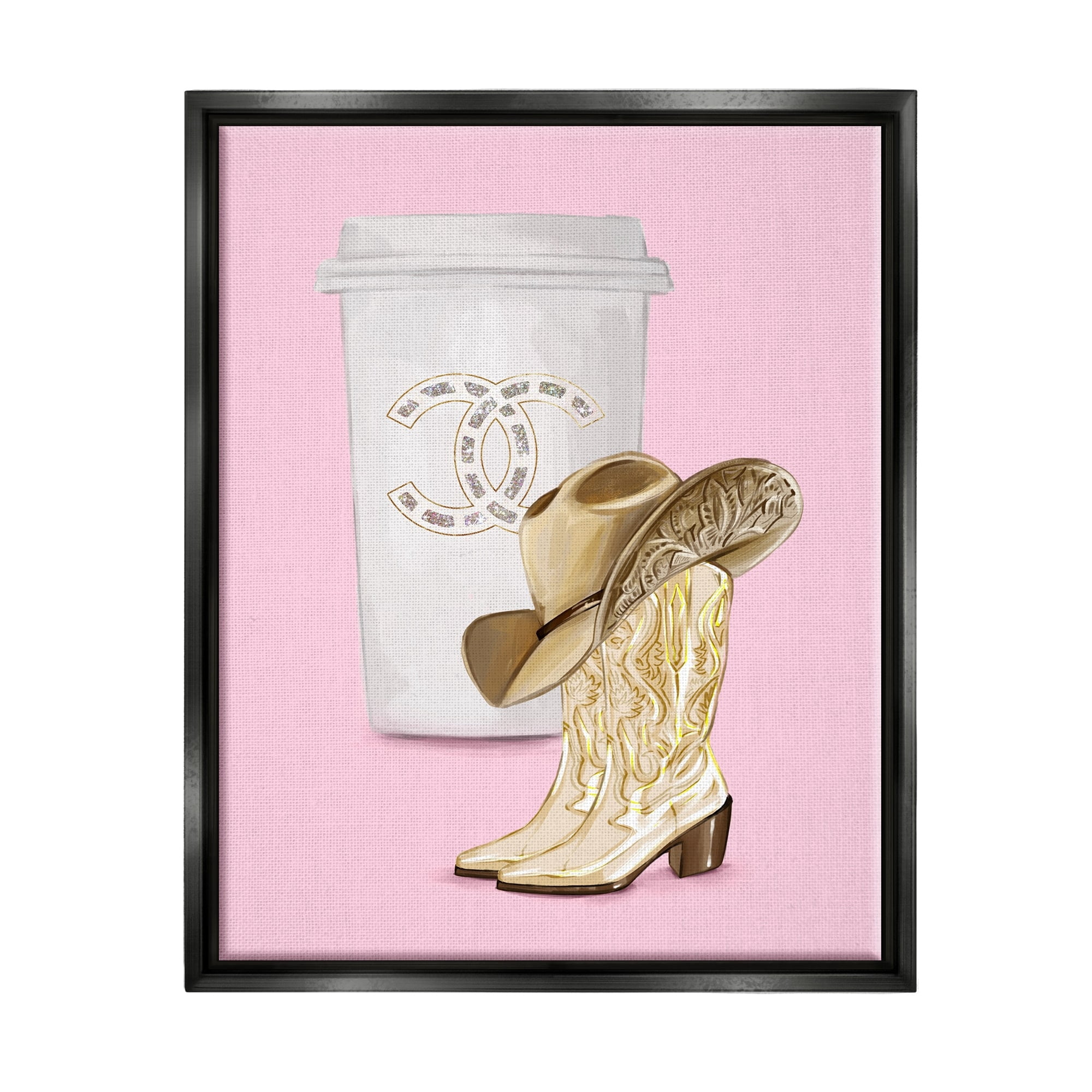 Stupell Industries Pink Glam Cowgirl Boots & Coffee Beauty & Fashion Painting Black Floater Framed Art Print Wall Art