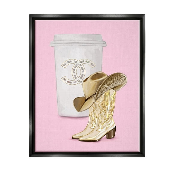 Stupell Industries Pink Glam Cowgirl Boots & Coffee Beauty & Fashion Painting Black Floater Framed Art Print Wall Art