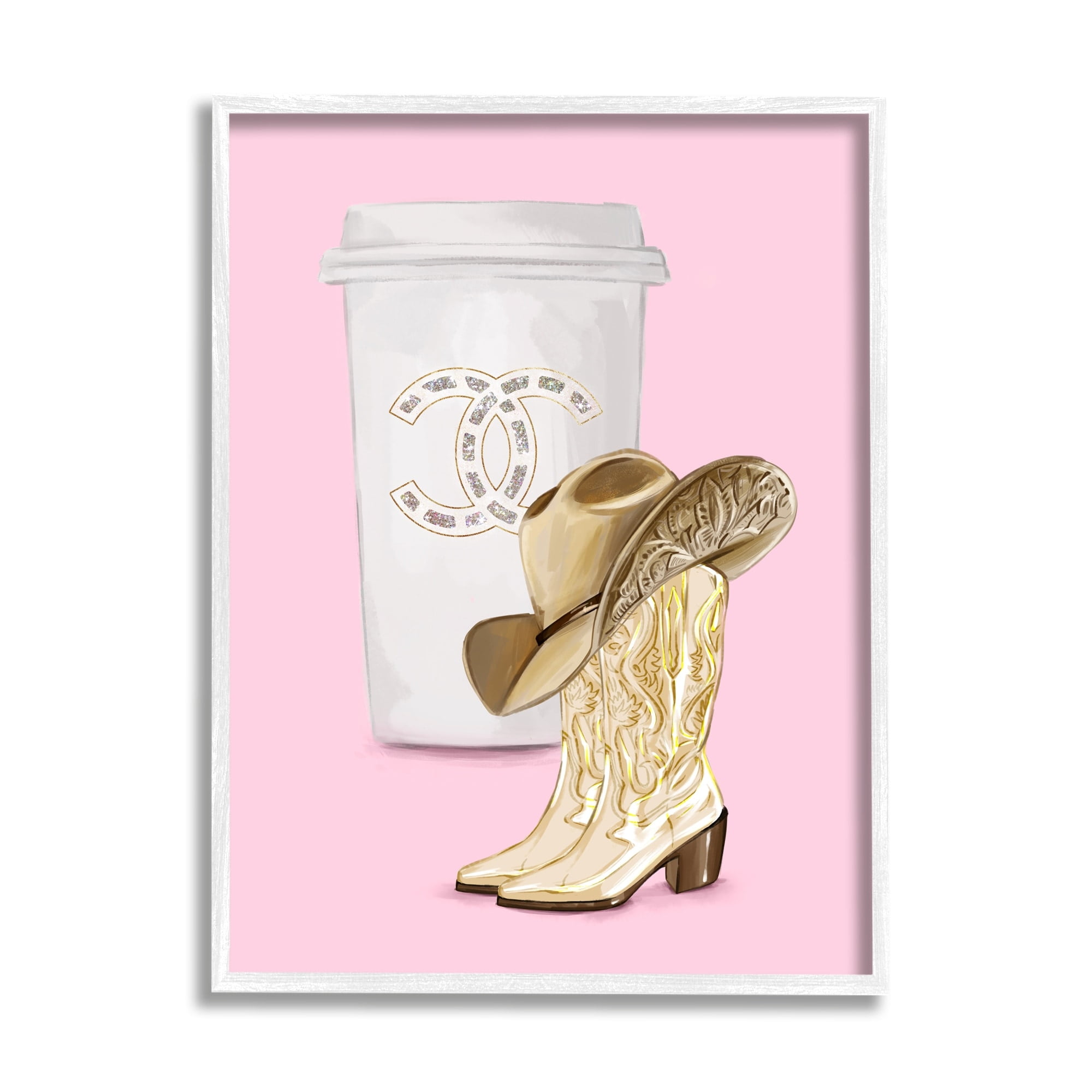 Stupell Industries Pink Glam Cowgirl Boots & Coffee Beauty & Fashion Painting White Framed Art Print Wall Art