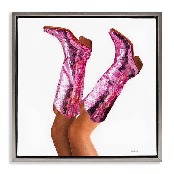 Stupell Industries Pink Glam Cowgirl Boots People Painting Gray Floater Framed Canvas Art Print Wall Art, 25 x 25