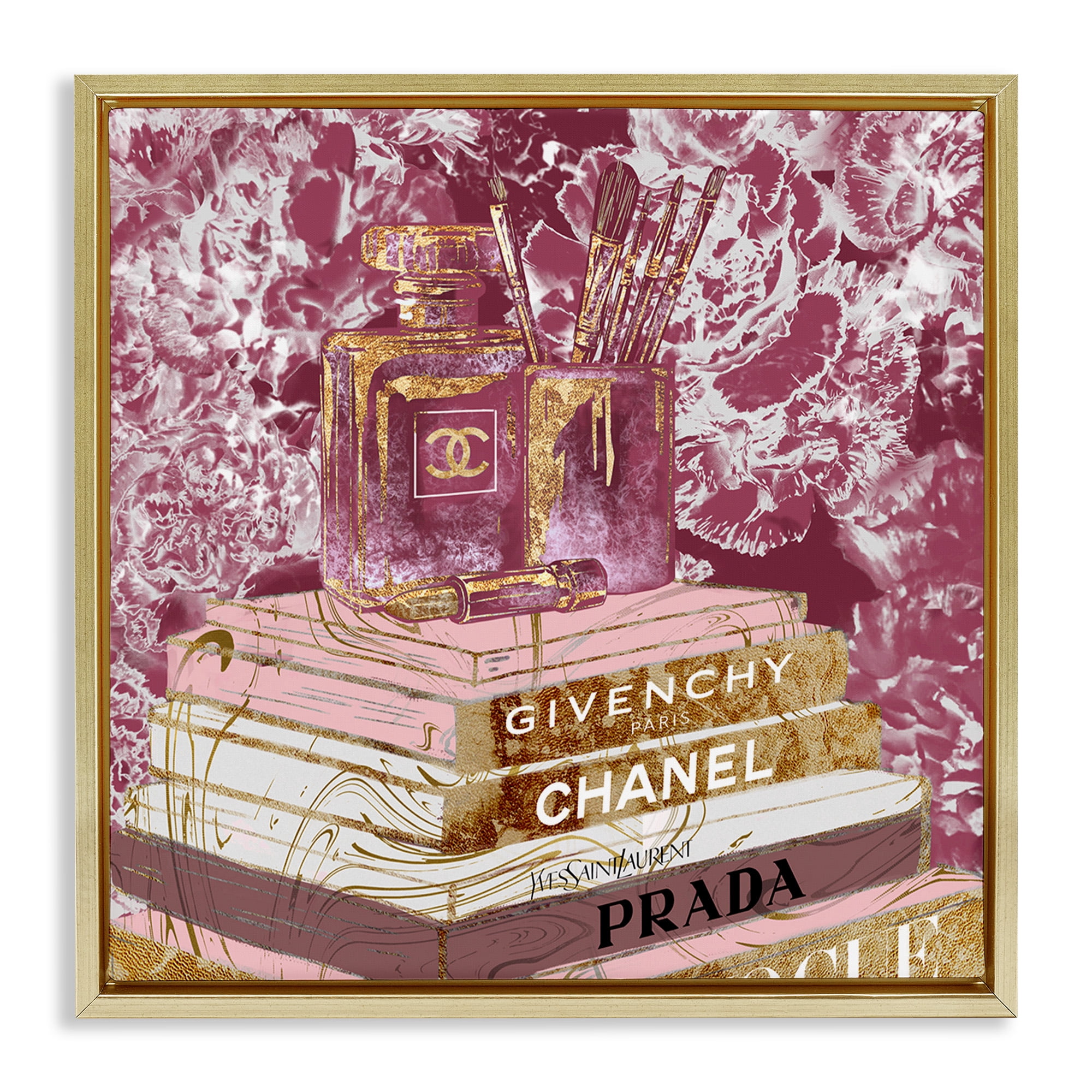 Stupell Industries Pink Glam Designer Books Beauty & Fashion Painting Gold Floater Framed Canvas Art Print Wall Art, 18 x 18