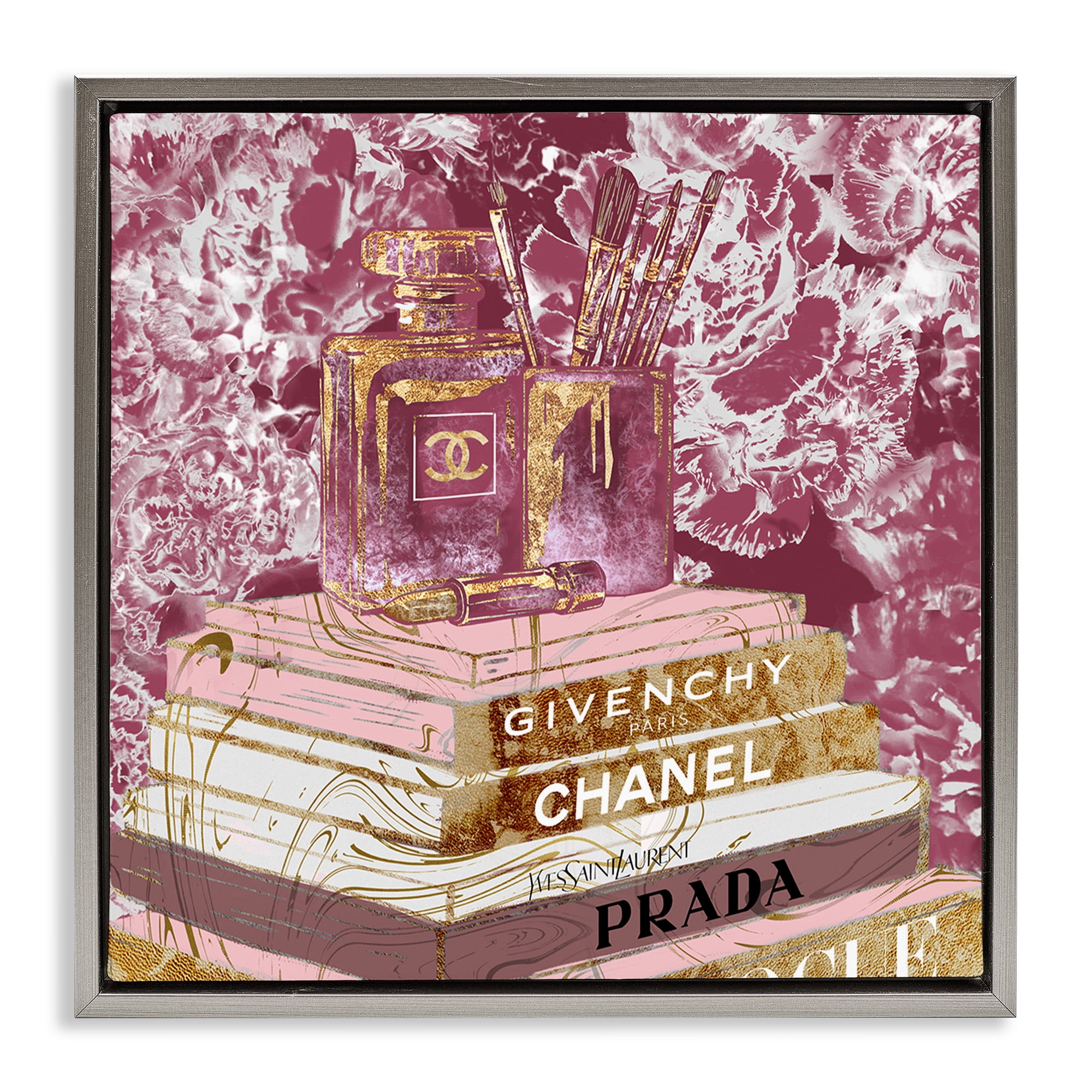 Stupell Industries Pink Glam Designer Books Beauty & Fashion Painting Gray Floater Framed Canvas Art Print Wall Art, 18 x 18