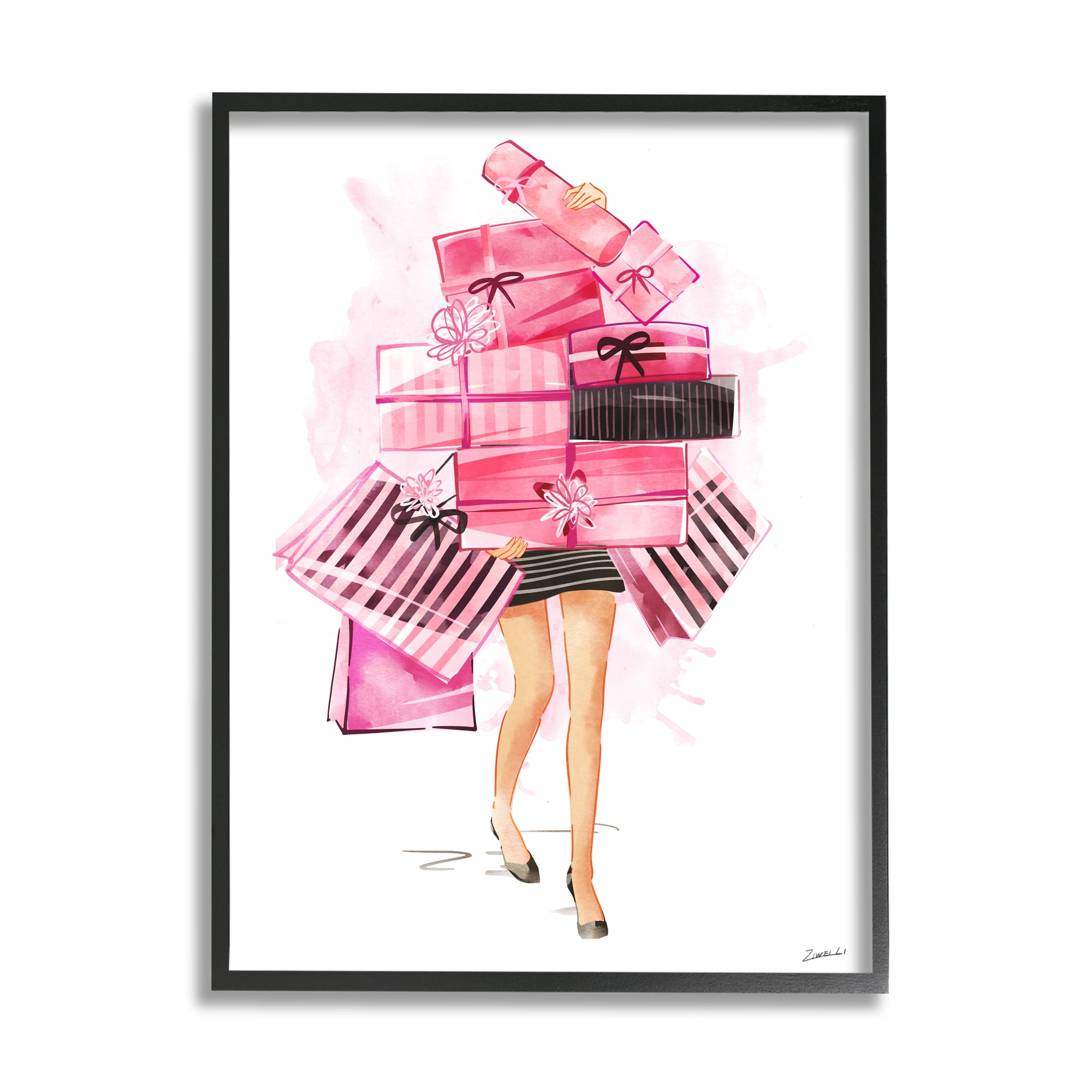 Stupell Industries Pink Glam Gift Stack Fashionista Shopping Pose Beauty & Fashion Painting Black Framed Art Print Wall Art, 16 x 20