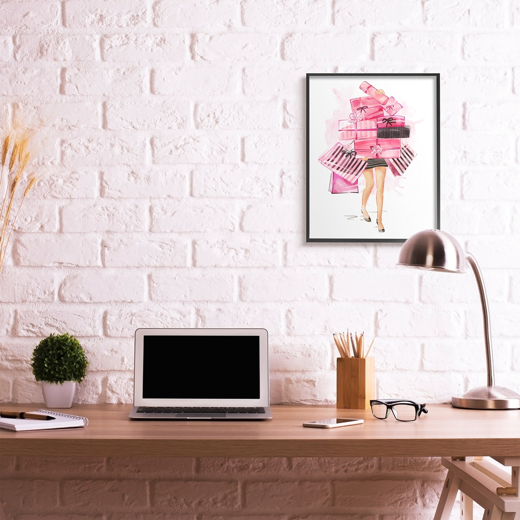 Stupell Industries Pink Glam Gift Stack Fashionista Shopping Pose Beauty & Fashion Painting Black Framed Art Print Wall Art, 24 x 30