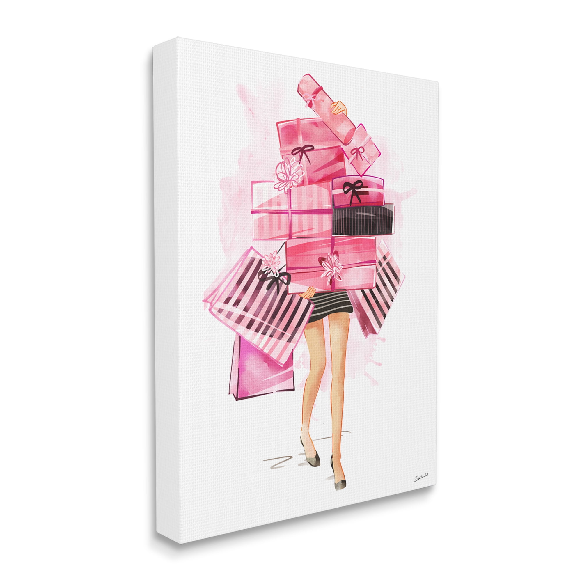 Stupell Industries Pink Glam Gift Stack Fashionista Shopping Pose Beauty & Fashion Painting Gallery Wrapped Canvas Art Print Wall Art, 36 x 48