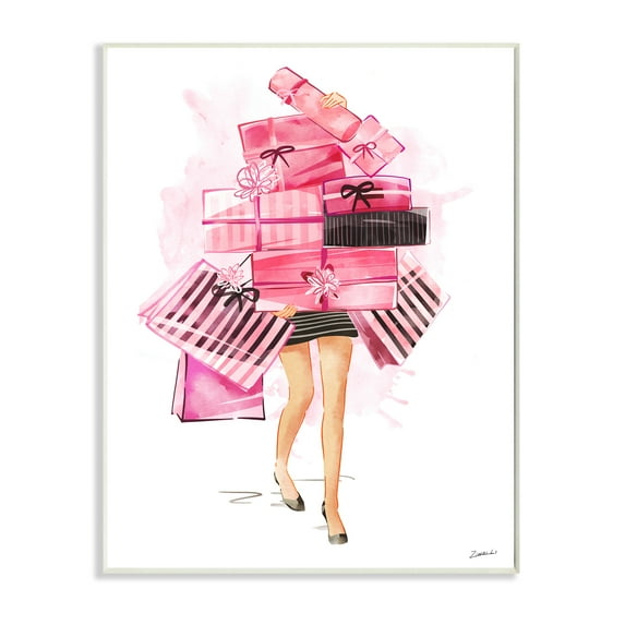 Stupell Industries Pink Glam Gift Stack Fashionista Shopping Pose Beauty & Fashion Painting Wall Plaque Art Print Wall Art, 13 x 19