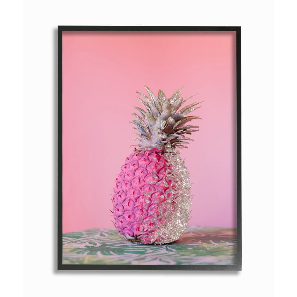 Stupell Industries Pink Glam Glitter Pineapple on Greenery Cloth Framed Wall Art Design by Ziwei Li, 16" x 20", Black Framed