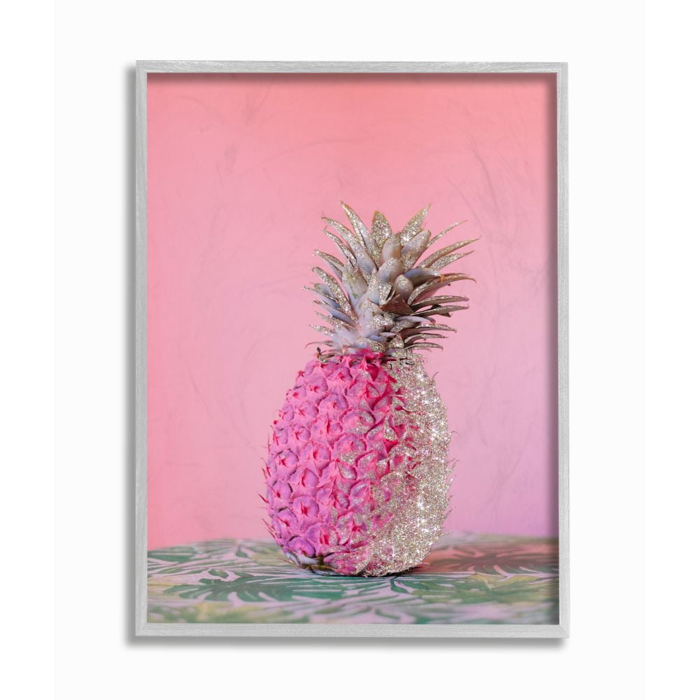 Stupell Industries Pink Glam Glitter Pineapple on Greenery Cloth Framed Wall Art Design by Ziwei Li, 16" x 20", Gray Framed
