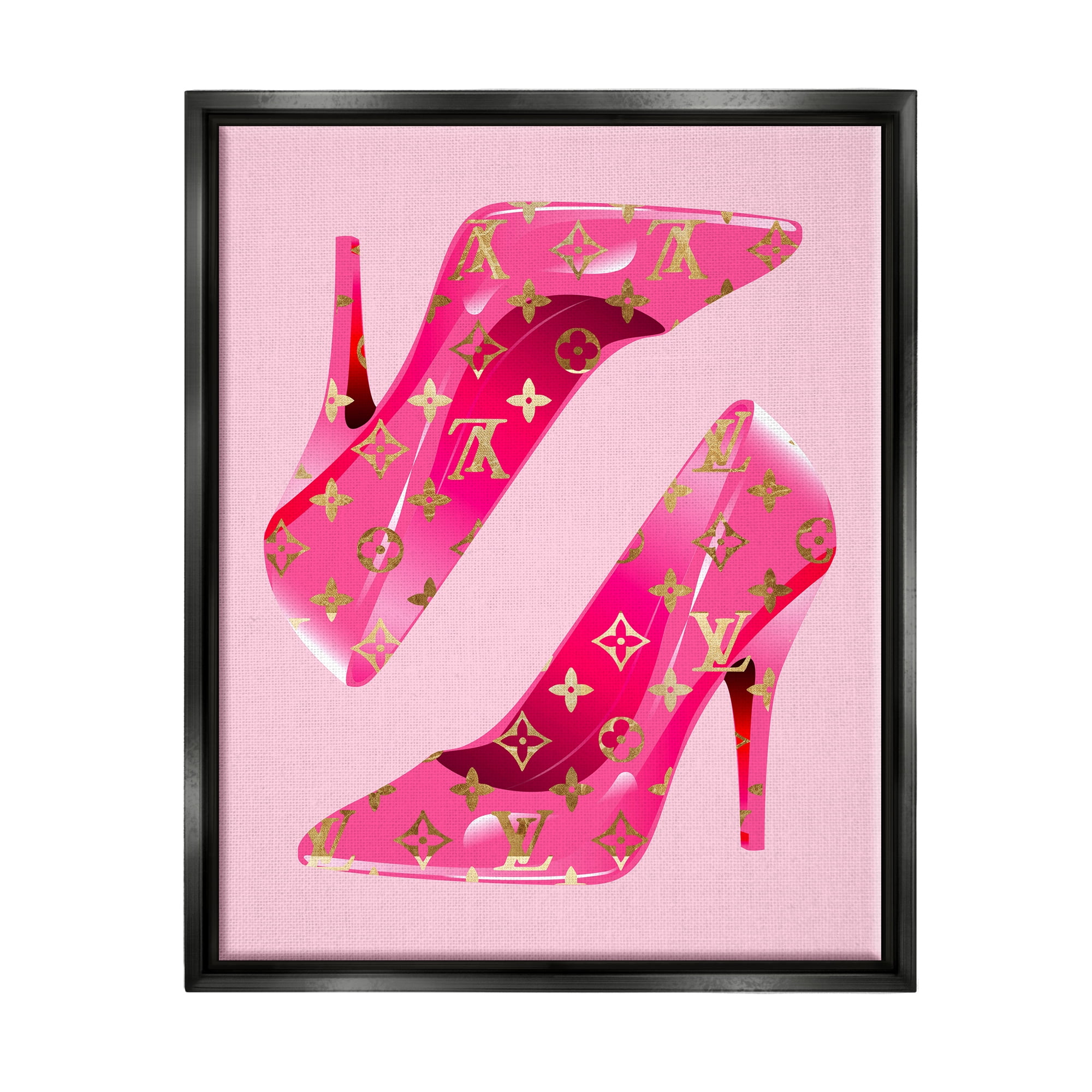Stupell Industries Pink Glam Logo Shoes Beauty & Fashion Painting Black Floater Framed Canvas Art Print Wall Art, 17 x 21