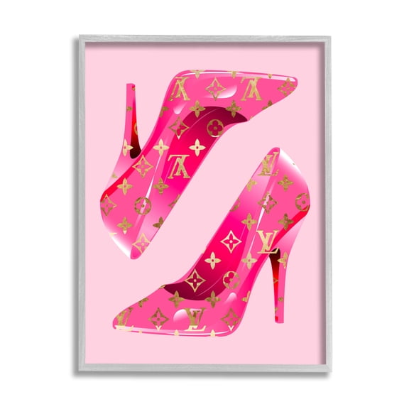 Stupell Industries Pink Glam Logo Shoes Beauty & Fashion Painting Gray Framed Art Print Wall Art, 11 x 14