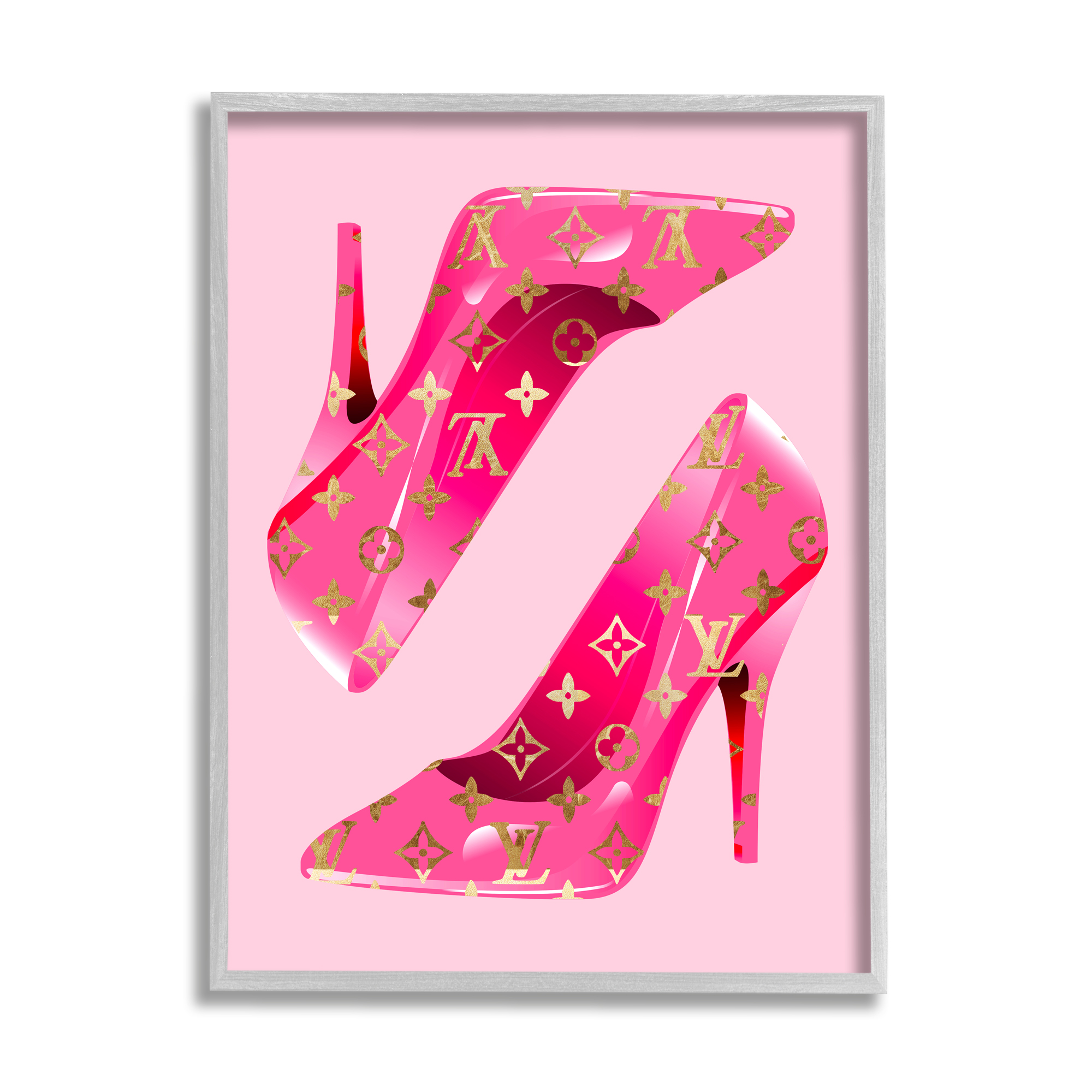 Stupell Industries Pink Glam Logo Shoes Beauty & Fashion Painting Gray Framed Art Print Wall Art, 16 x 20
