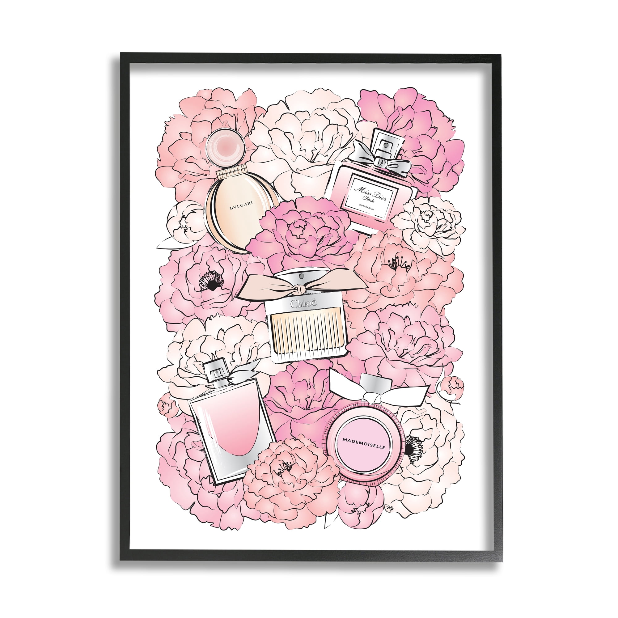 Stupell Industries Pink Glam Peonies and Fashion Fragrance Bottles Beauty & Fashion Painting Black Framed Art Print Wall Art, 24 x 30