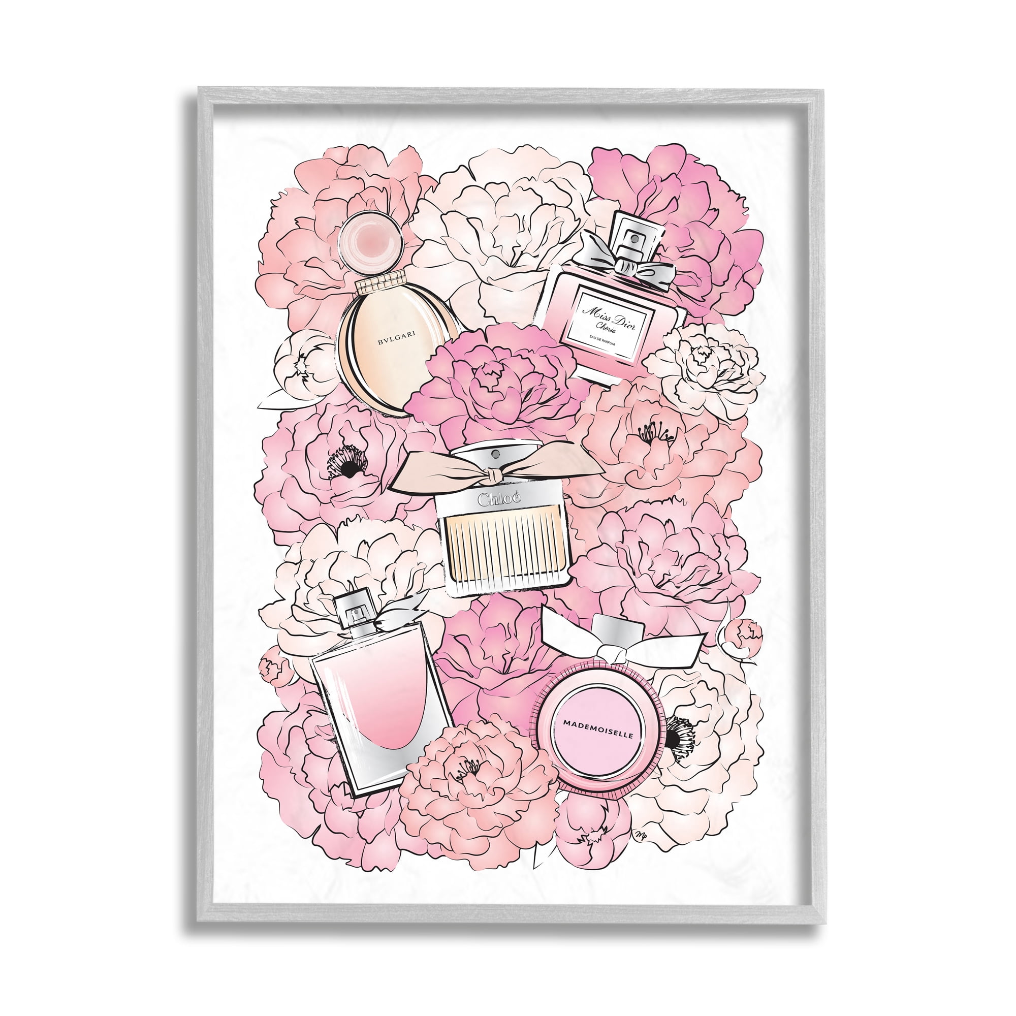 Stupell Industries Pink Glam Peonies and Fashion Fragrance Bottles Beauty & Fashion Painting Gray Framed Art Print Wall Art, 16 x 20
