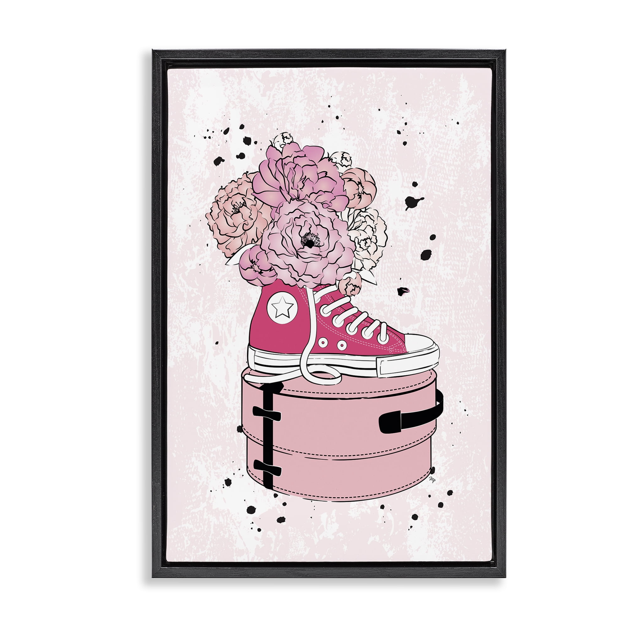 Stupell Industries Pink Glam Sneaker Florals Fashion Painting Black Floater Framed Canvas Art Print Wall Art, 17 x 25