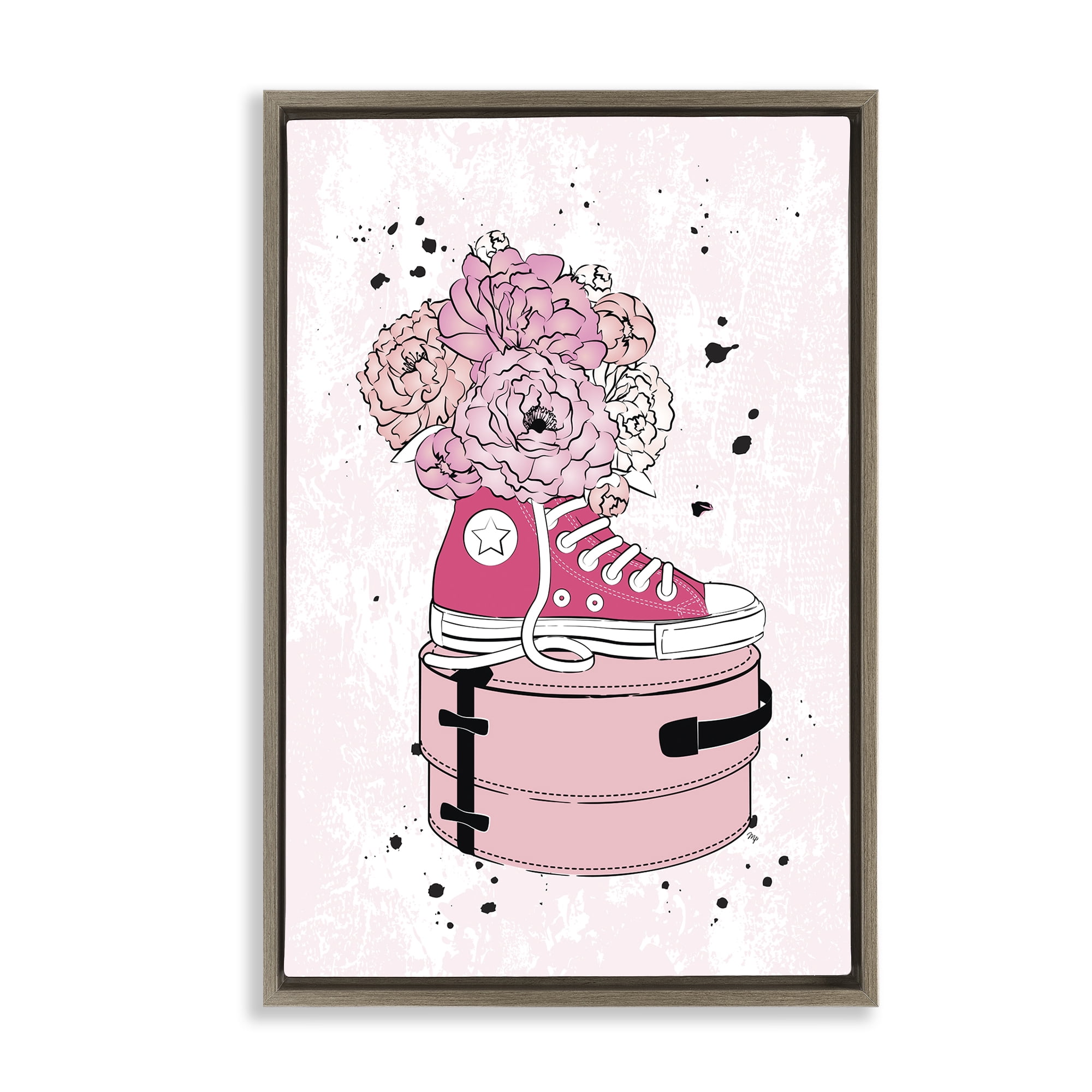 Stupell Industries Pink Glam Sneaker Florals Fashion Painting Brown Floater Framed Canvas Art Print Wall Art, 17 x 25