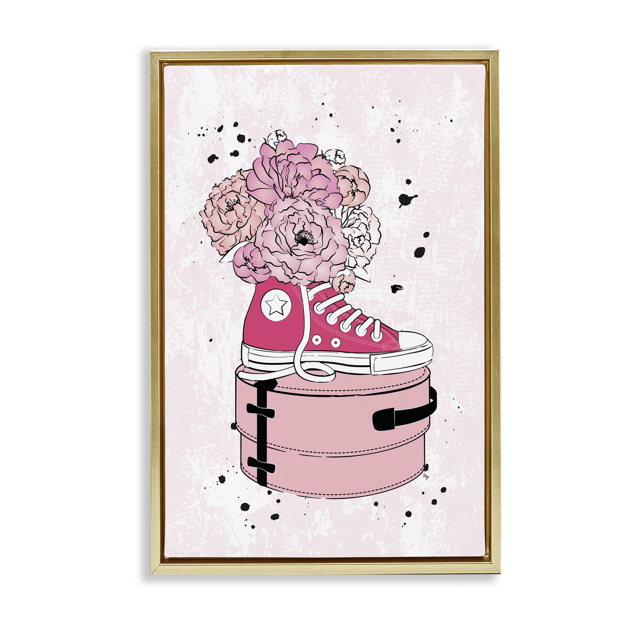 Stupell Industries Pink Glam Sneaker Florals Fashion Painting Gold Floater Framed Canvas Art Print Wall Art, 17 x 25
