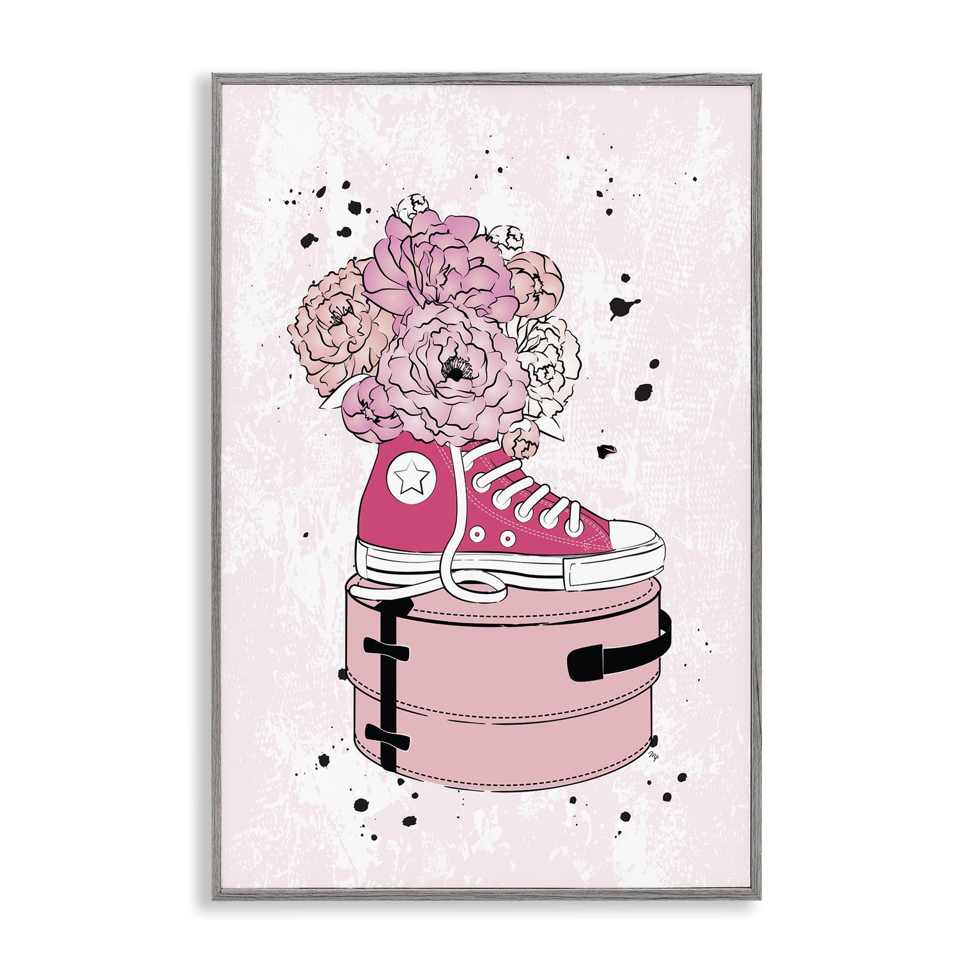 Stupell Industries Pink Glam Sneaker Florals Fashion Painting Gray Framed Art Print Wall Art, 12 x 18