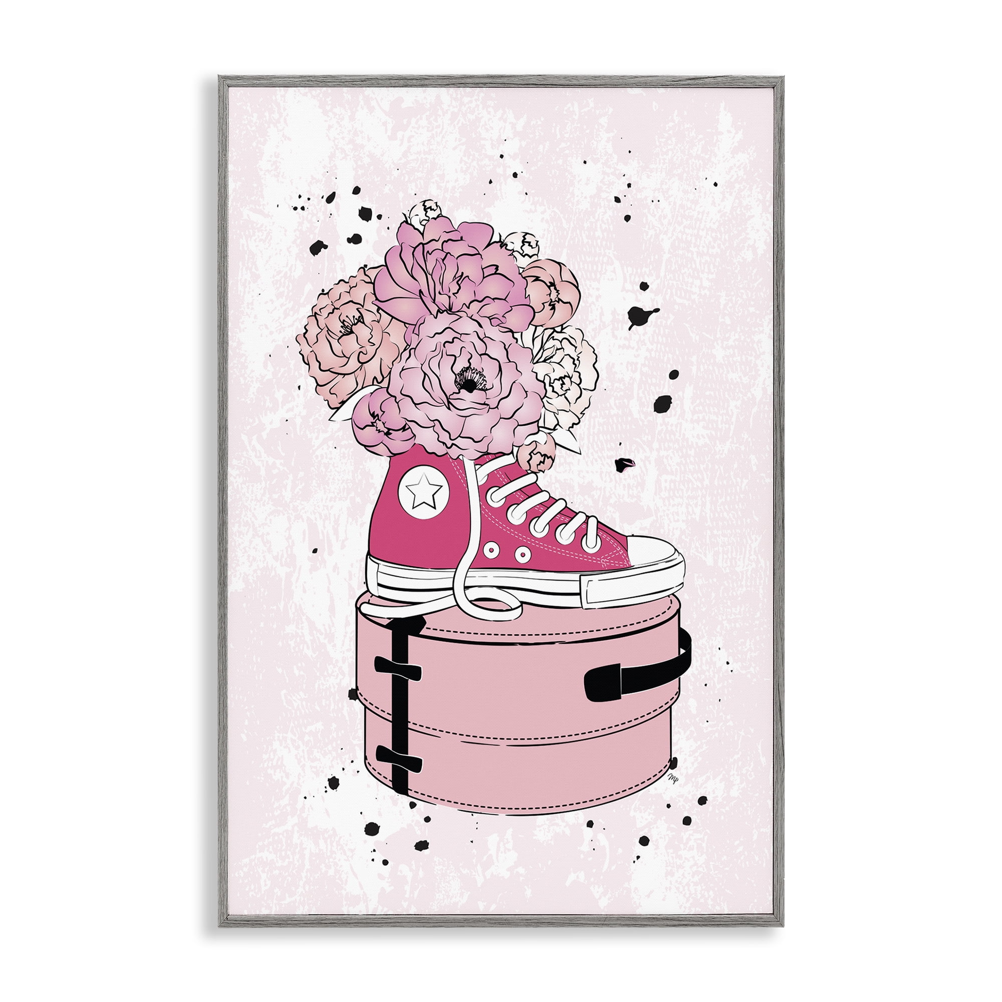 Stupell Industries Pink Glam Sneaker Florals Fashion Painting Gray Framed Art Print Wall Art, 20 x 30
