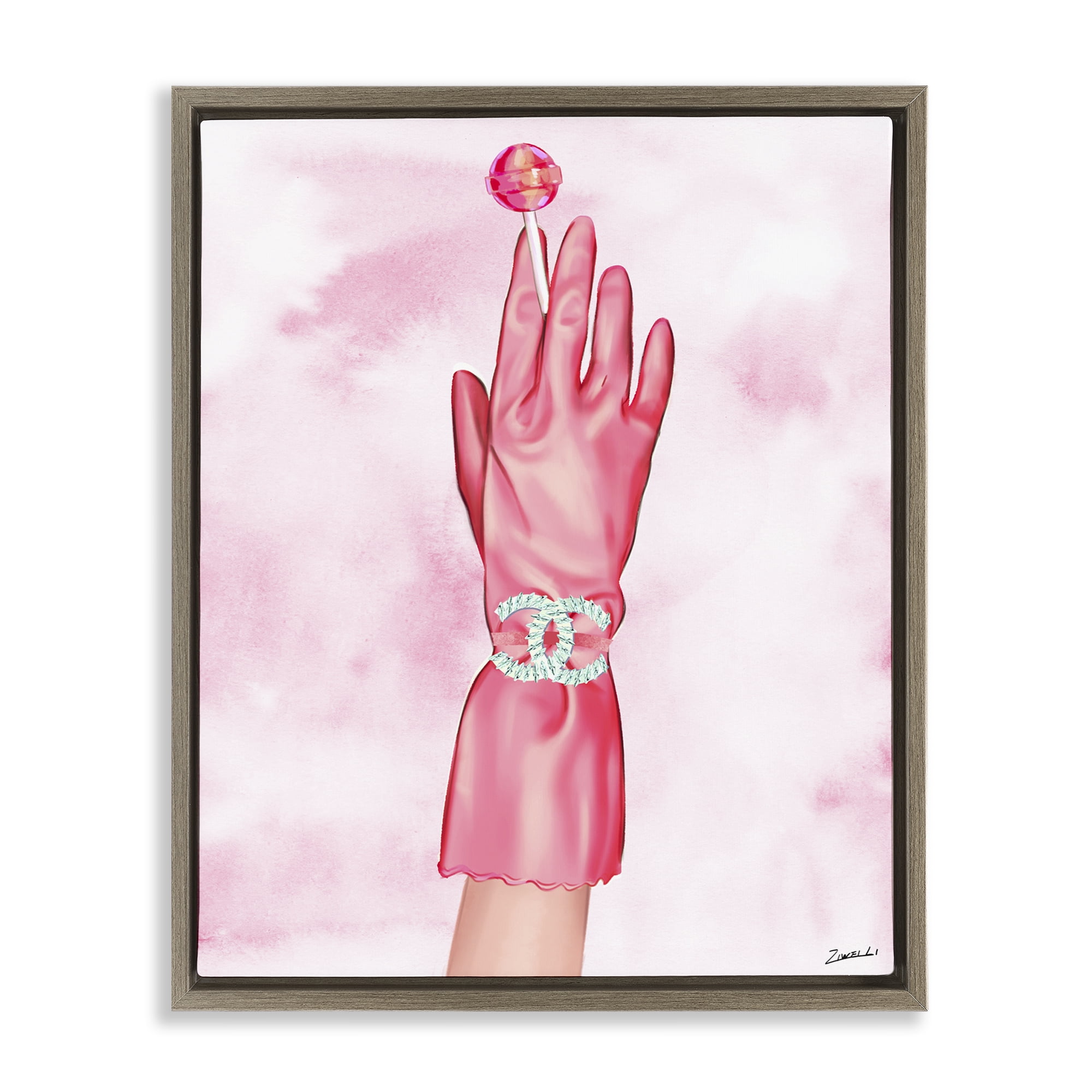 Stupell Industries Pink Glamorous Glove Fashion Painting Brown Floater Framed Canvas Art Print Wall Art, 25 x 31