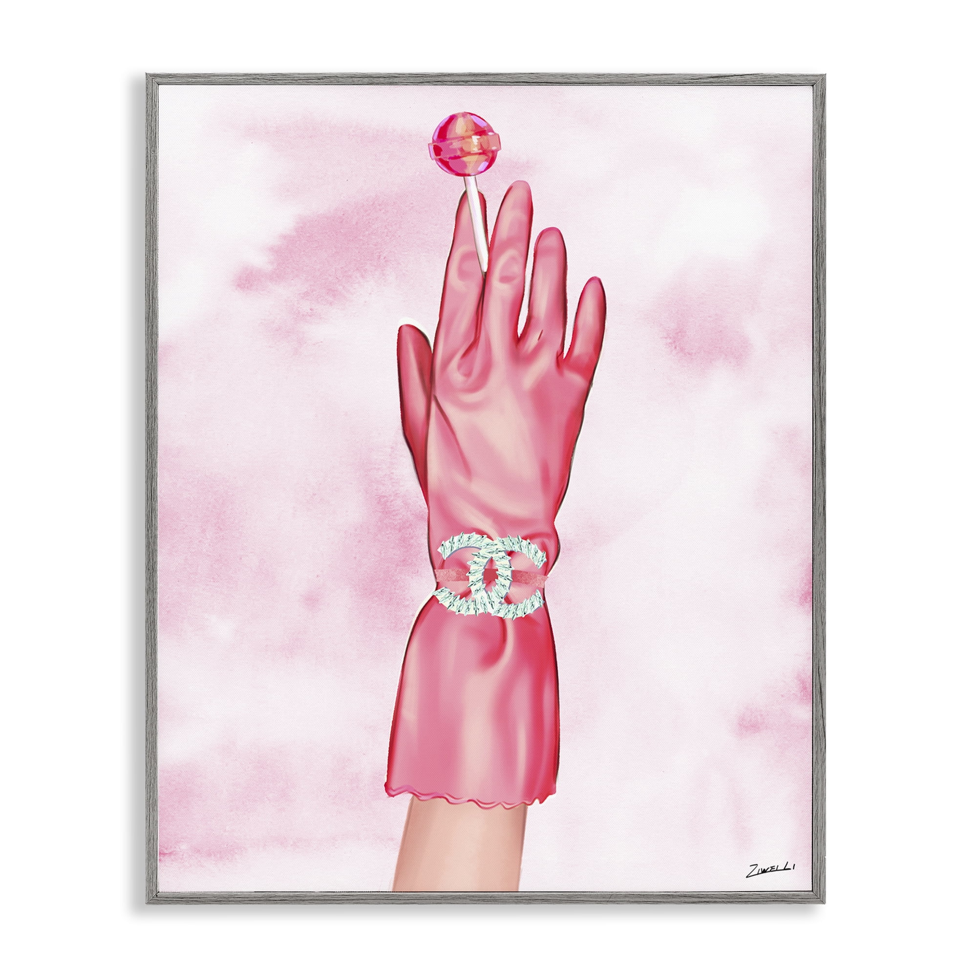 Stupell Industries Pink Glamorous Glove Fashion Painting Gray Framed Art Print Wall Art, 11 x 14