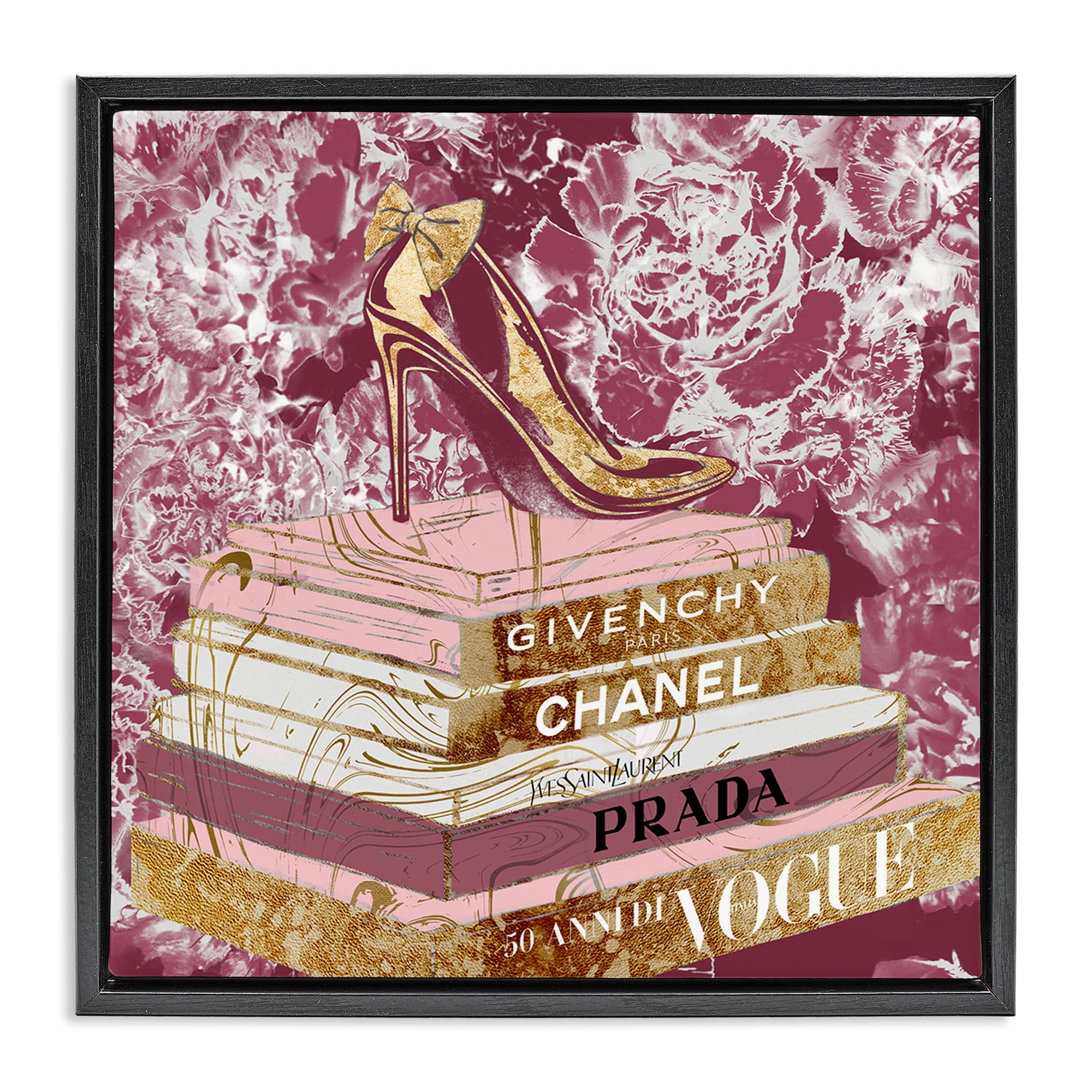 Stupell Industries Pink Glitz Heel on Bookstack Beauty & Fashion Painting Black Floater Framed Canvas Art Print Wall Art, 25 x 25
