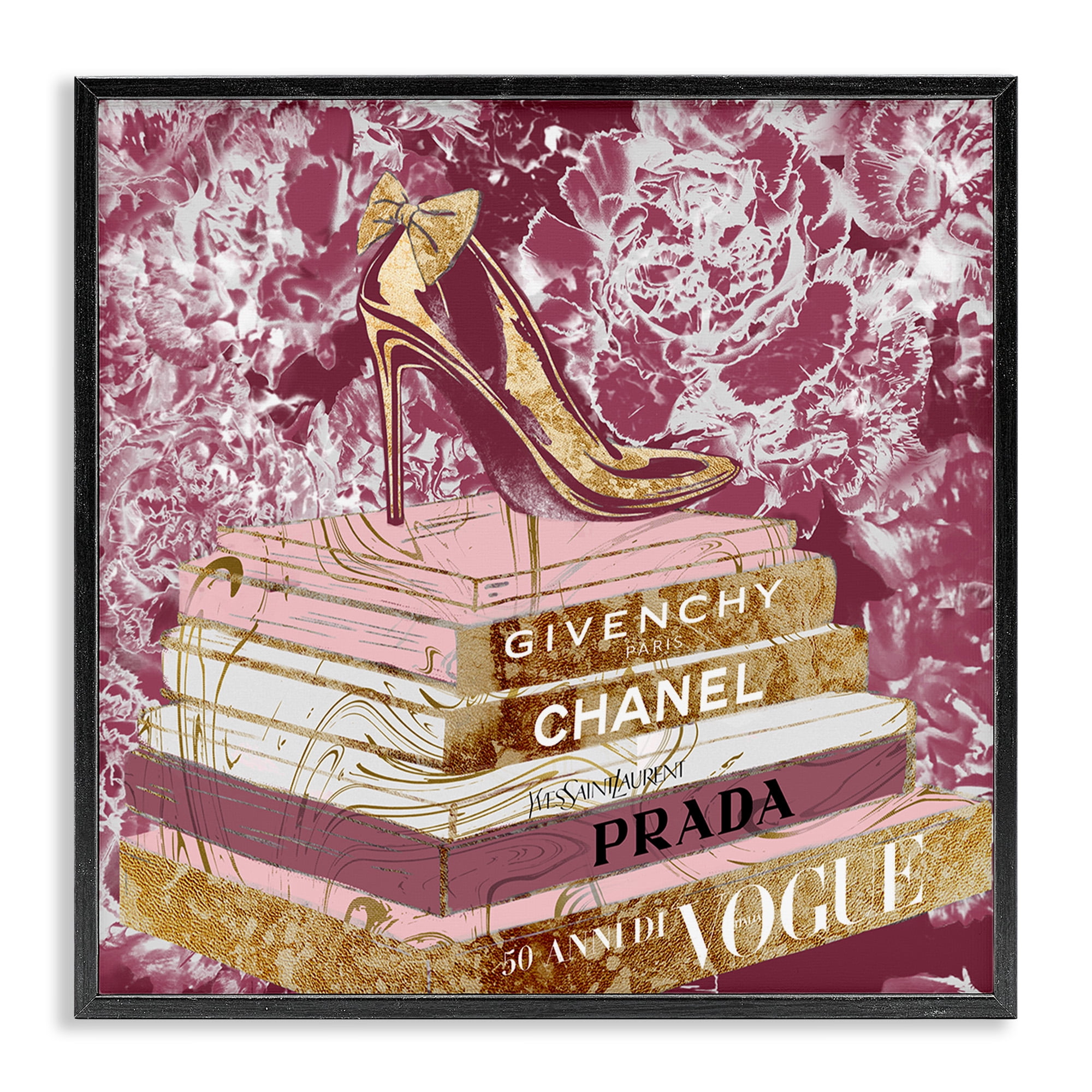 Stupell Industries Pink Glitz Heel on Bookstack Beauty & Fashion Painting Black Framed Art Print Wall Art, 17 x 17