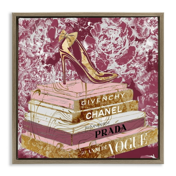 Stupell Industries Pink Glitz Heel on Bookstack Beauty & Fashion Painting Brown Floater Framed Canvas Art Print Wall Art, 18 x 18
