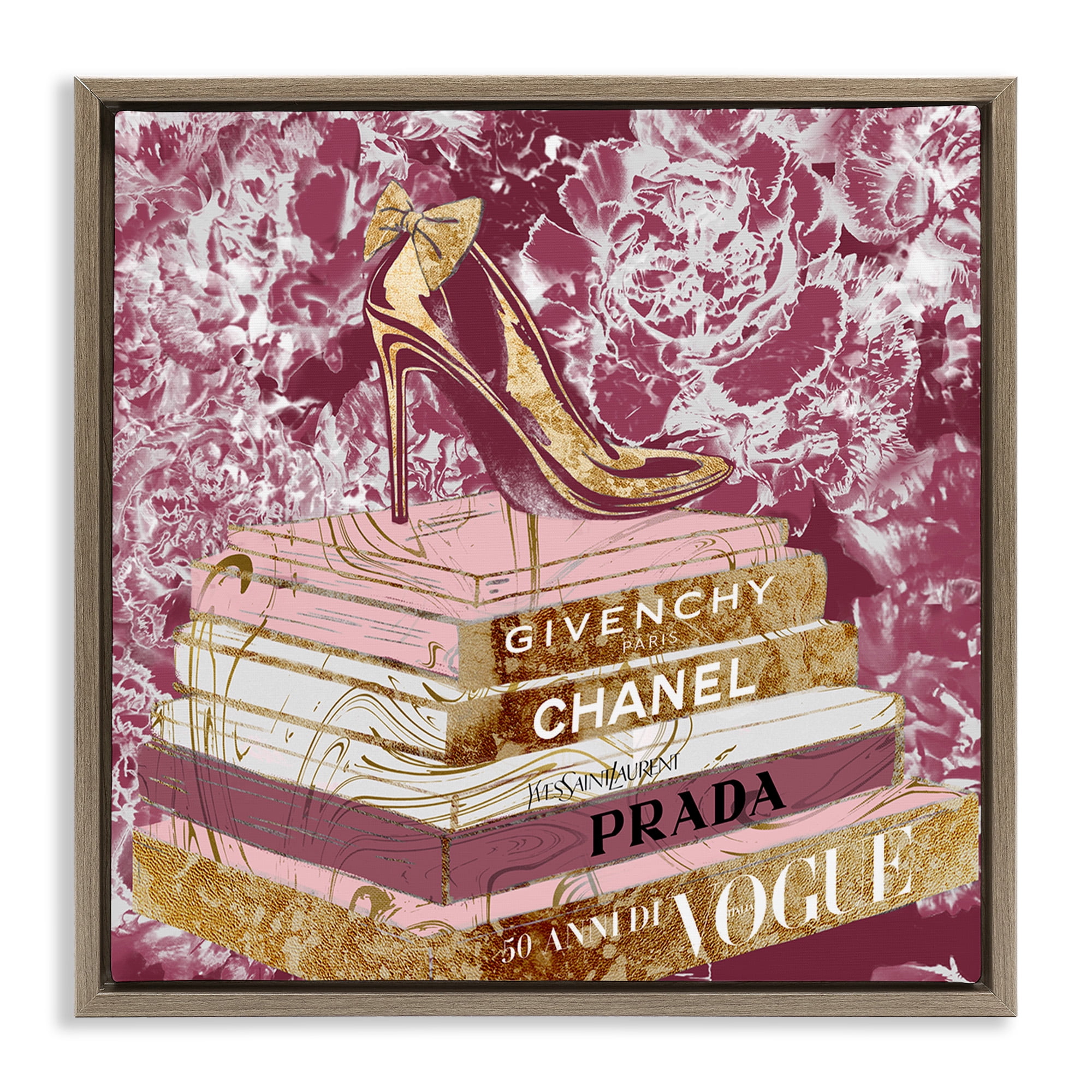 Stupell Industries Pink Glitz Heel on Bookstack Beauty & Fashion Painting Brown Floater Framed Canvas Art Print Wall Art, 25 x 25